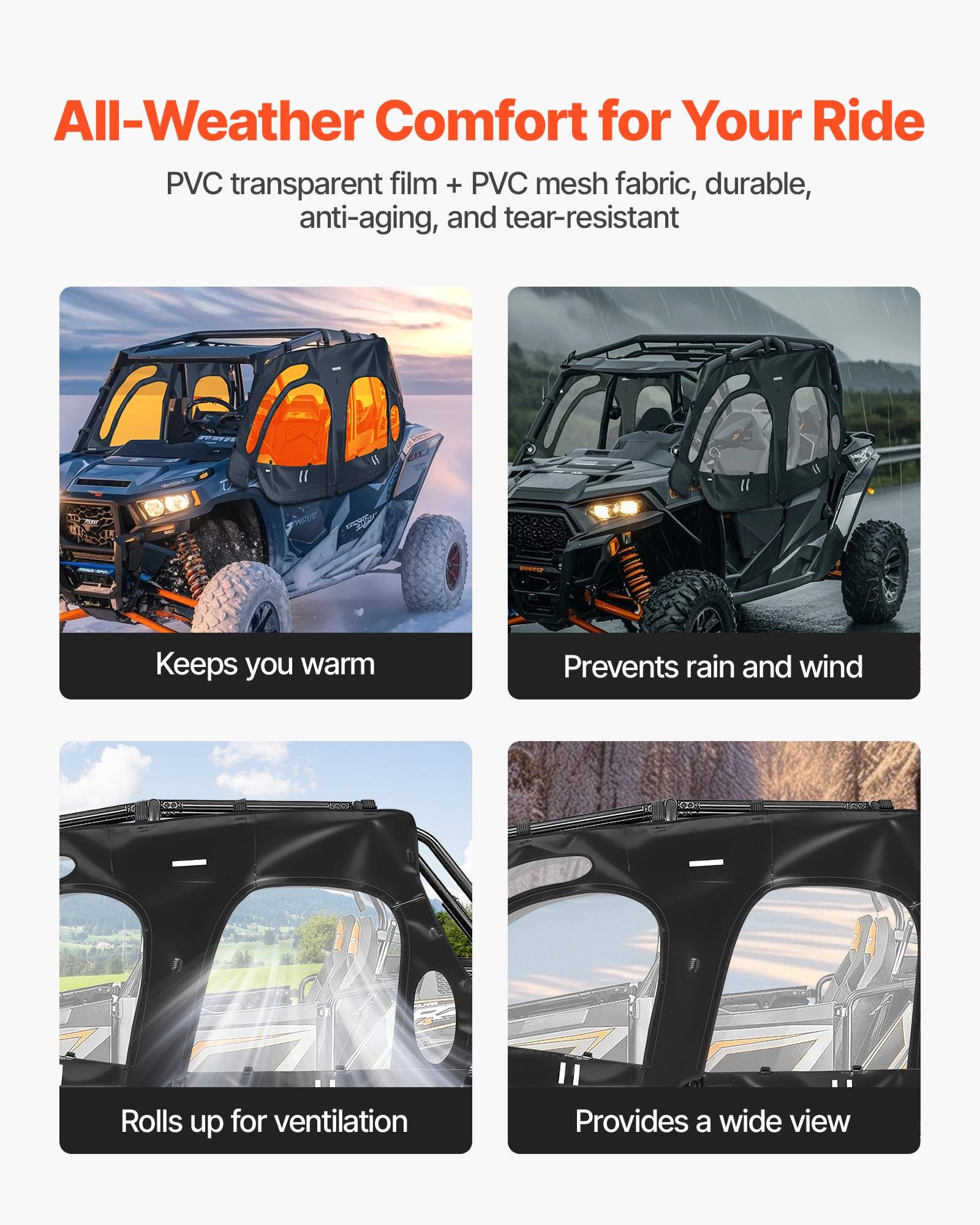 All-Weather Comfort for Your Ride

PVC transparent film + PVC mesh fabric, durable, anti-aging, and tear-resistant

- Keeps you warm
- Prevents rain and wind
- Rolls up for ventilation
- Provides a wide view