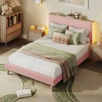 Bestier - Bed Frame Upholstered Platform Gaming Bed with LED Light & Adjustable Storage Headboard for Bedroom-Queen Size - Pink - Front_Zoom
