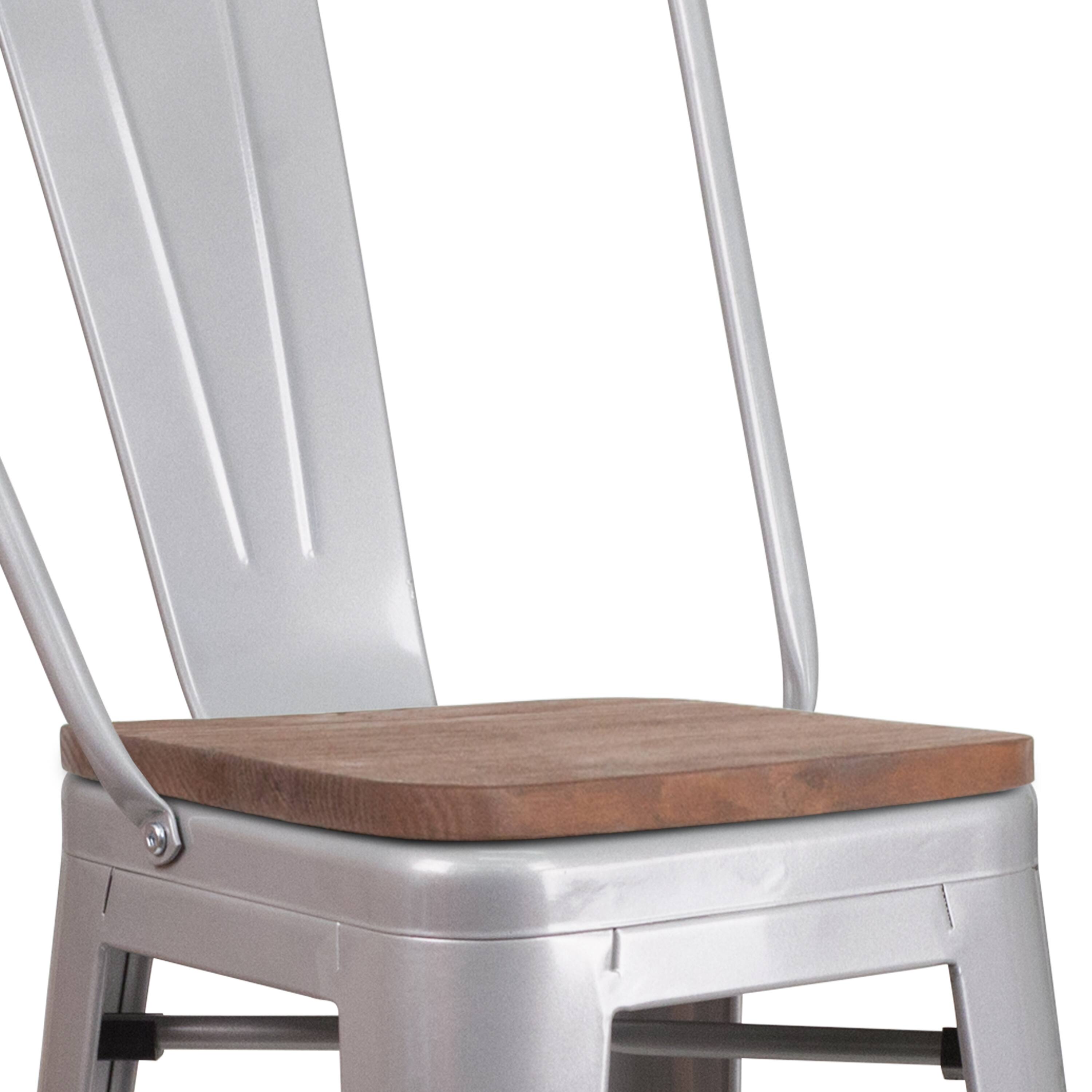 Alt View 9. Emma + Oliver - 30"H Metal Dining Barstool with Back and Square Wood Seat - Silver.