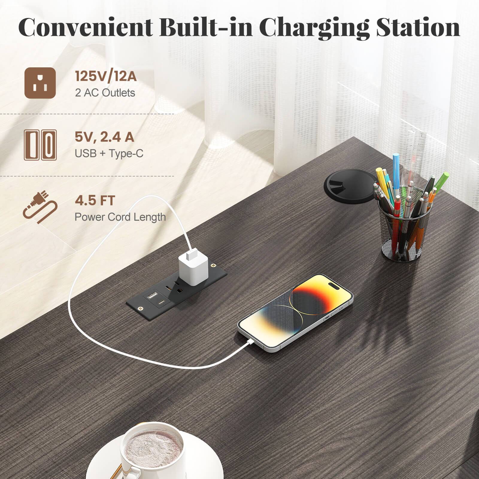 Convenient Built-in Charging Station

125V/12A  
2 AC Outlets

5V, 2.4 A  
USB + Type-C

4.5 FT  
Power Cord Length