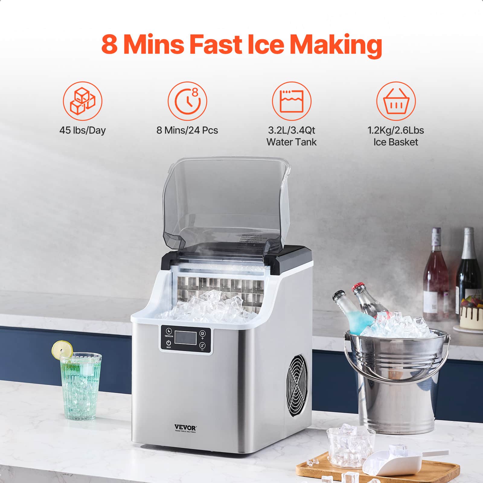 VEVOR Countertop Ice Maker, 24 Cubes Ready in 15 Mins, 45lbs in