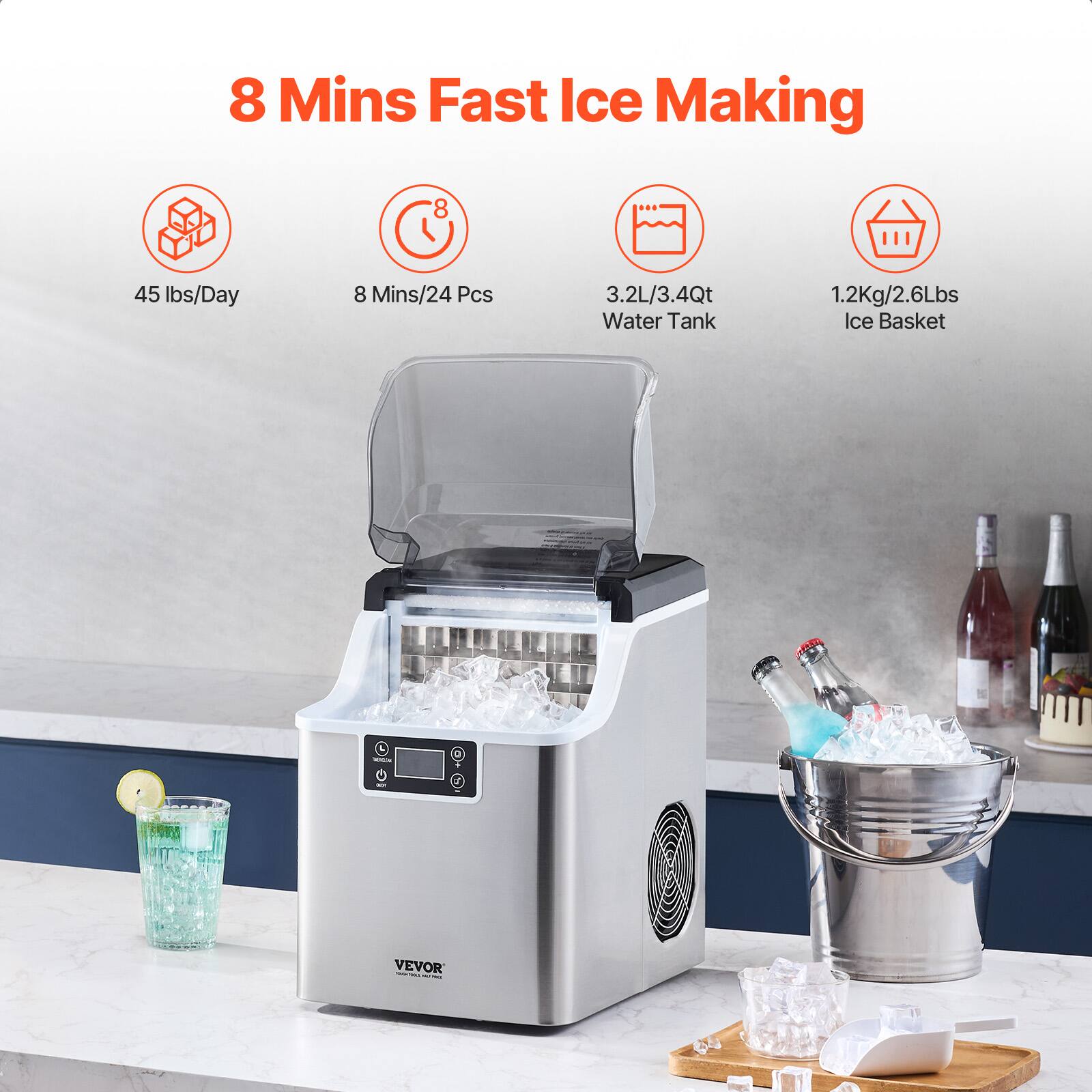 8 Mins Fast Ice Making

- 45 lbs/Day
- 8 Mins/24 Pcs
- 3.2L/3.4Qt Water Tank
- 1.2Kg/2.6Lbs Ice Basket

VEVOR