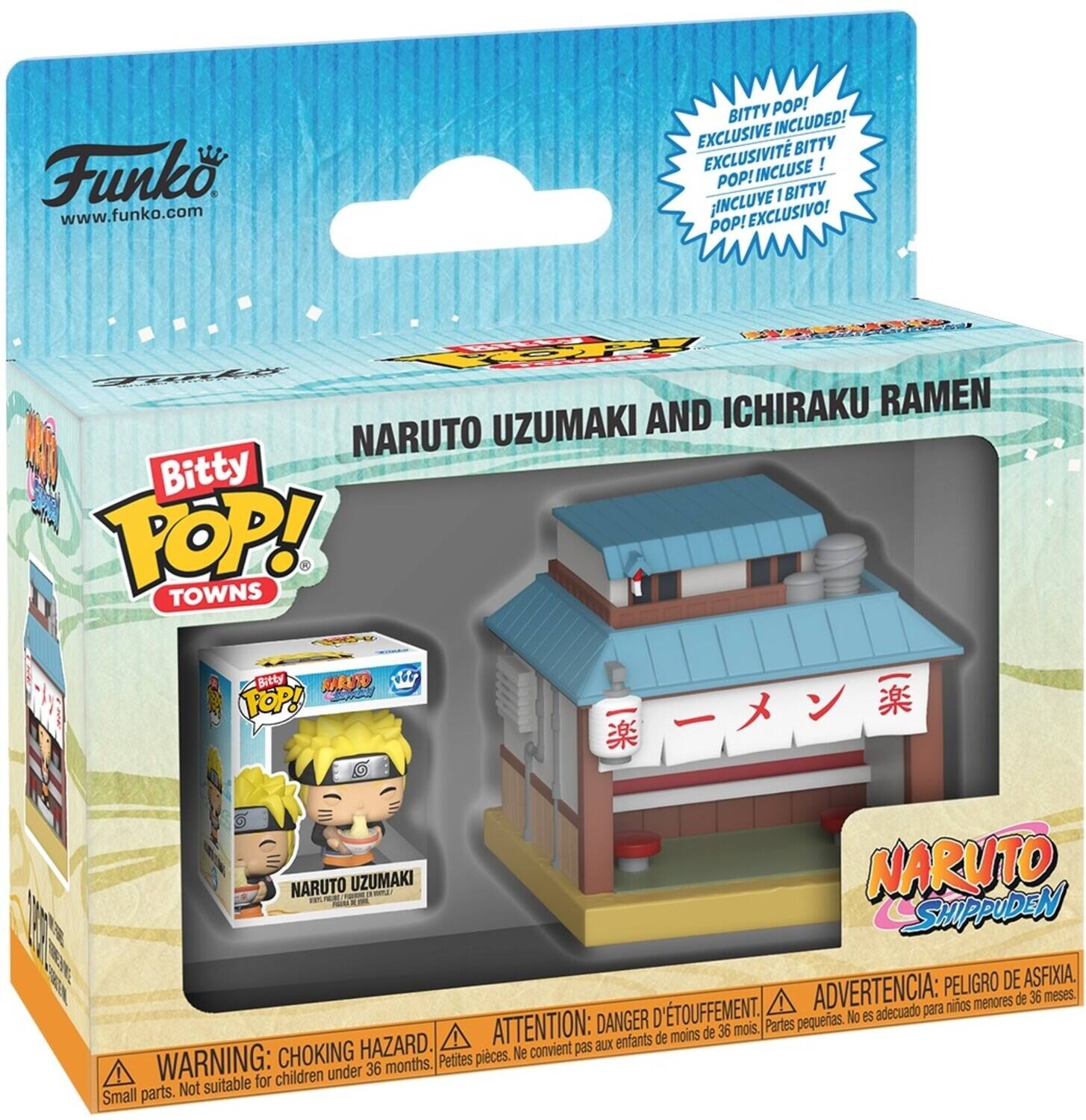 Sure, here is the corrected and grouped text from the image:

---

**Funko**  
www.funko.com

**Bitty Pop! Towns**

**NARUTO UZUMAKI AND ICHIRAKU RAMEN**

**Bitty Pop!**  
**Exclusive Included!**  
**Exclusive Bitty Pop! Included!**  
**Incluye 1 Bitty Pop! Exclusivo!**  
**Incluso 1 Bitty Pop! Exclusivo!**

**NARUTO UZUMAKI**  
**NARUTO SHIPPUDEN**

**Warning: Choking Hazard.**  
**Attention: Danger d'étouffement.**  
**Advertencia: Peligro de asfixia.**  
**Attention: Danger d'étouffement.**  
**Advertencia: Peligro de asfixia.**  
**Warning: Choking Hazard.**  
**Attention: Danger d'étouffement.**  
**Advertencia: Peligro de asfixia.**  
**Warning: Choking Hazard.**  
**Attention: Danger d'étouffement.**  
**Advertencia: Peligro de as