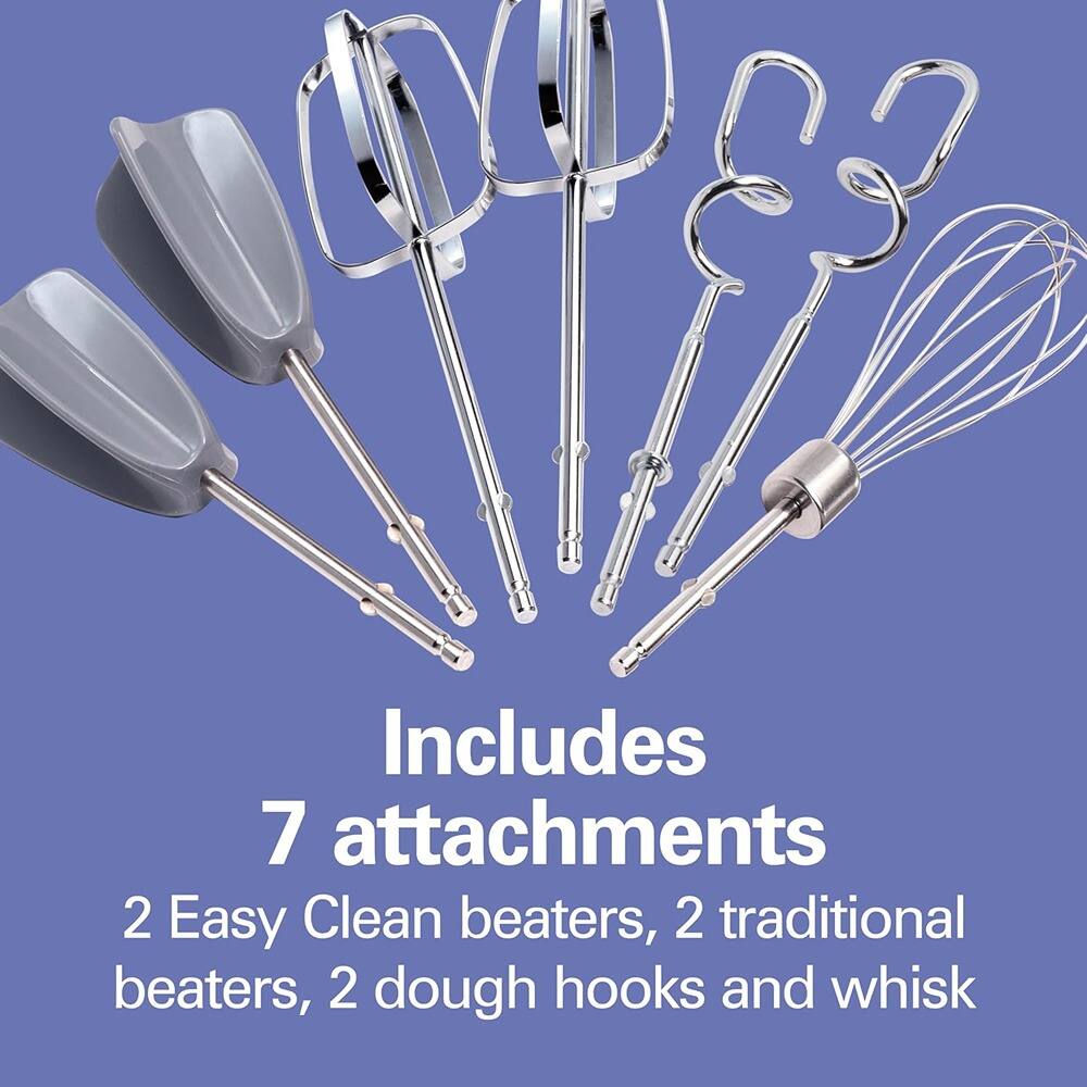 Includes  
7 attachments  
2 Easy Clean beaters, 2 traditional beaters, 2 dough hooks and whisk
