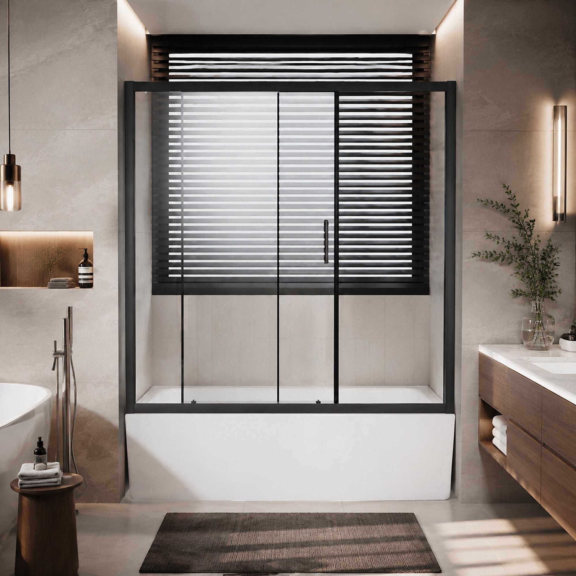 Front. RYHNUYNE - 60 In W X 62 In H Single Sliding Shower Door, 1/5 In Clear Tempered Glass With Stainless Steel Handle Black Finish - Matt Black.