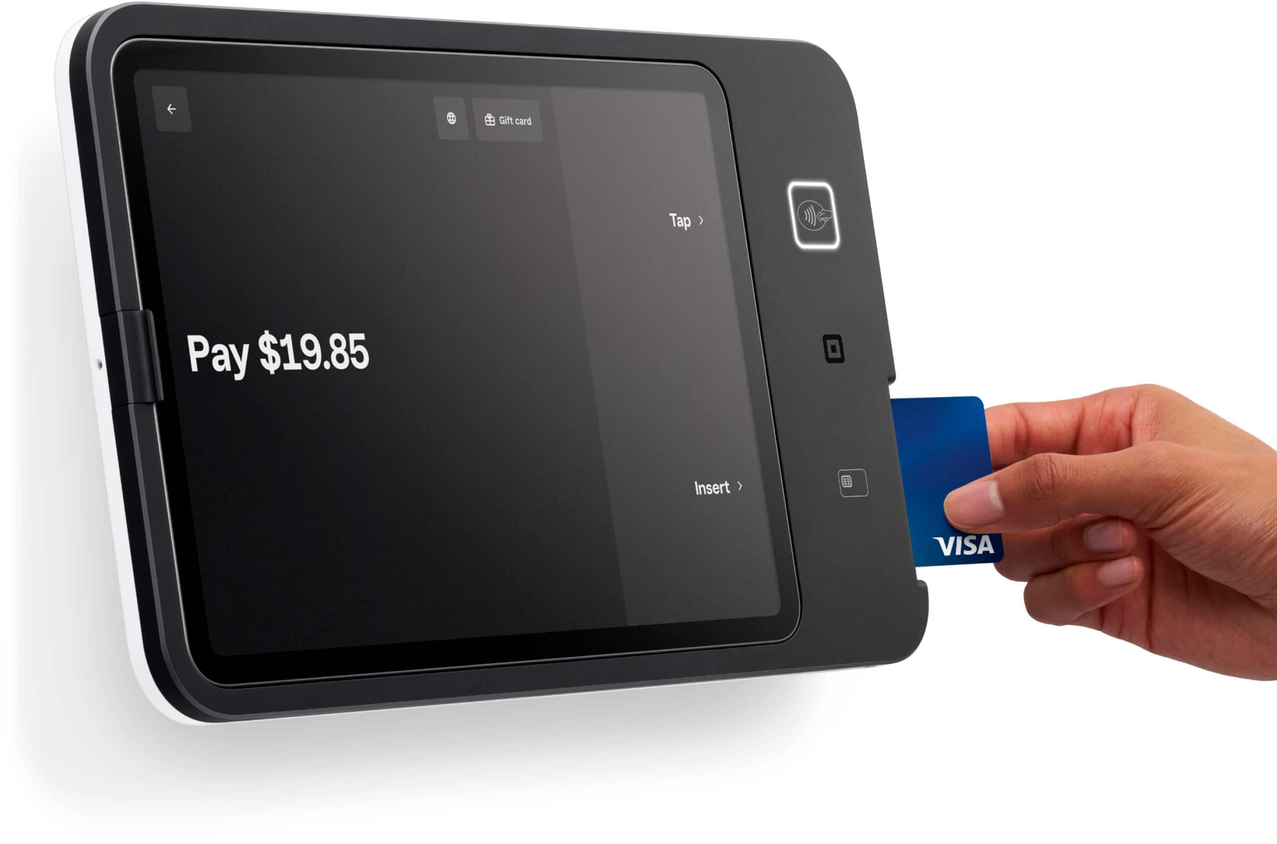 The text on the image reads: "Gift card Tap) Pay $19.85 Insert (VISA)."
