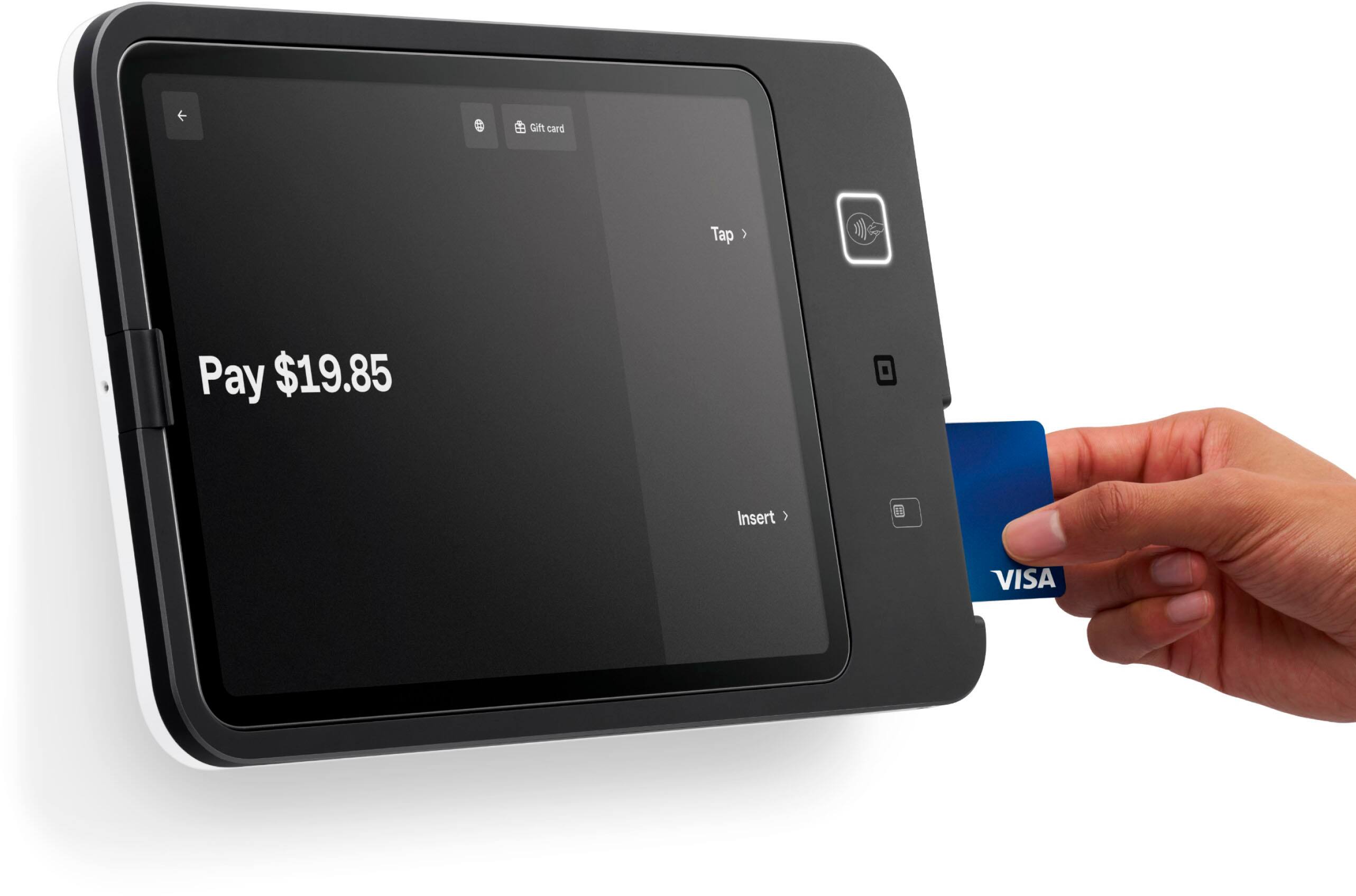 The text on the image reads: "Gift card Tap) Pay $19.85 Insert (VISA)."