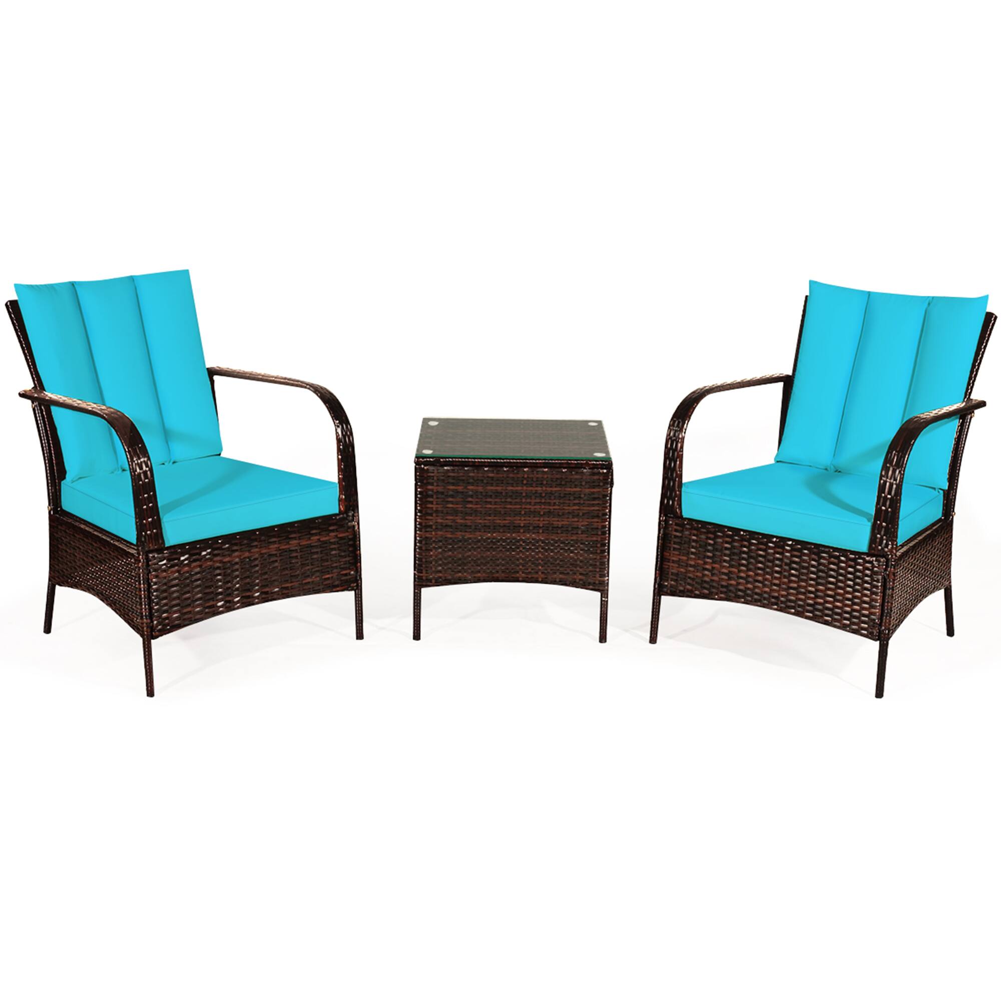 Alt View 2. Gymax - Gymax 3PCS Patio Rattan Conversation Set Outdoor Furniture Set w/ Turquoise Cushion - Turquoise.