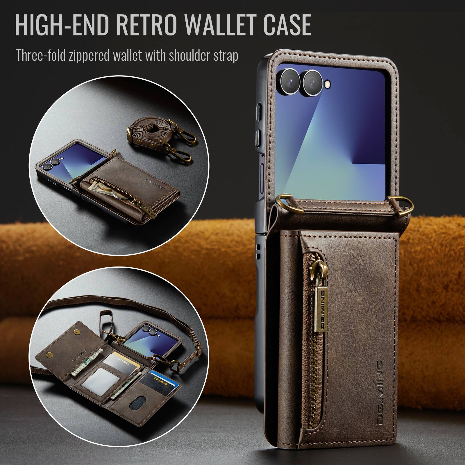 HIGH-END RETRO WALLET CASE  
Three-fold zippered wallet with shoulder strap