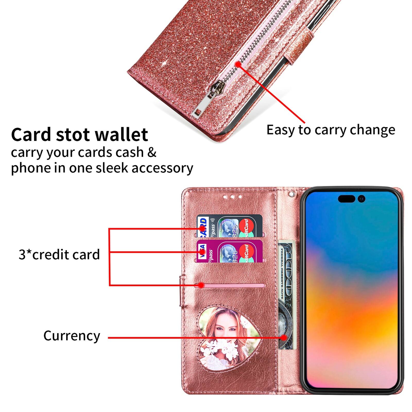Card stot wallet  
carry your cards cash & phone in one sleek accessory  
Easy to carry change  
3*credit card  
Currency