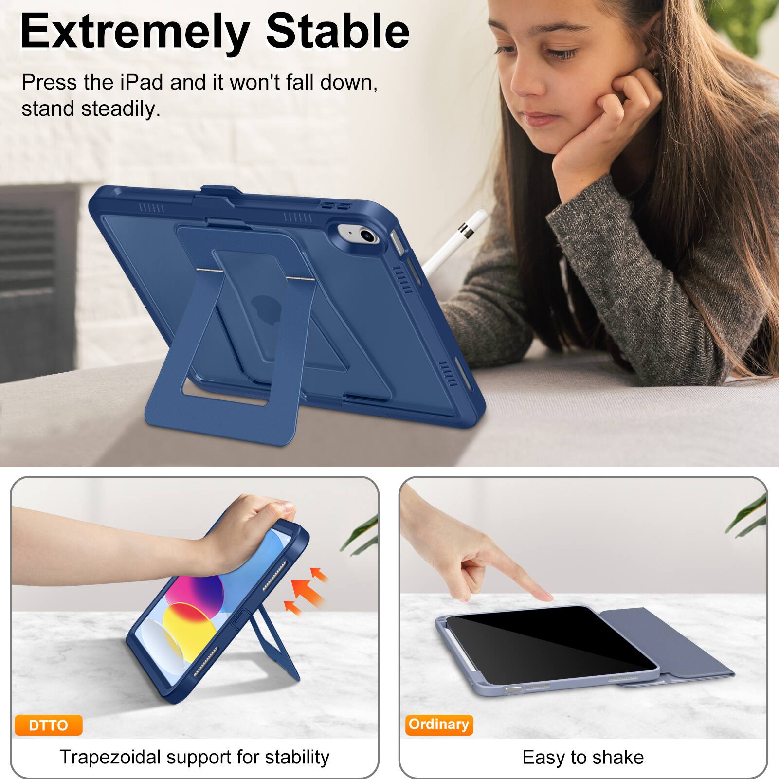Extremely Stable  
Press the iPad and it won't fall down, stand steadily.  

I - DTTO  
Trapezoidal support for stability  

Ordinary  
Easy to shake