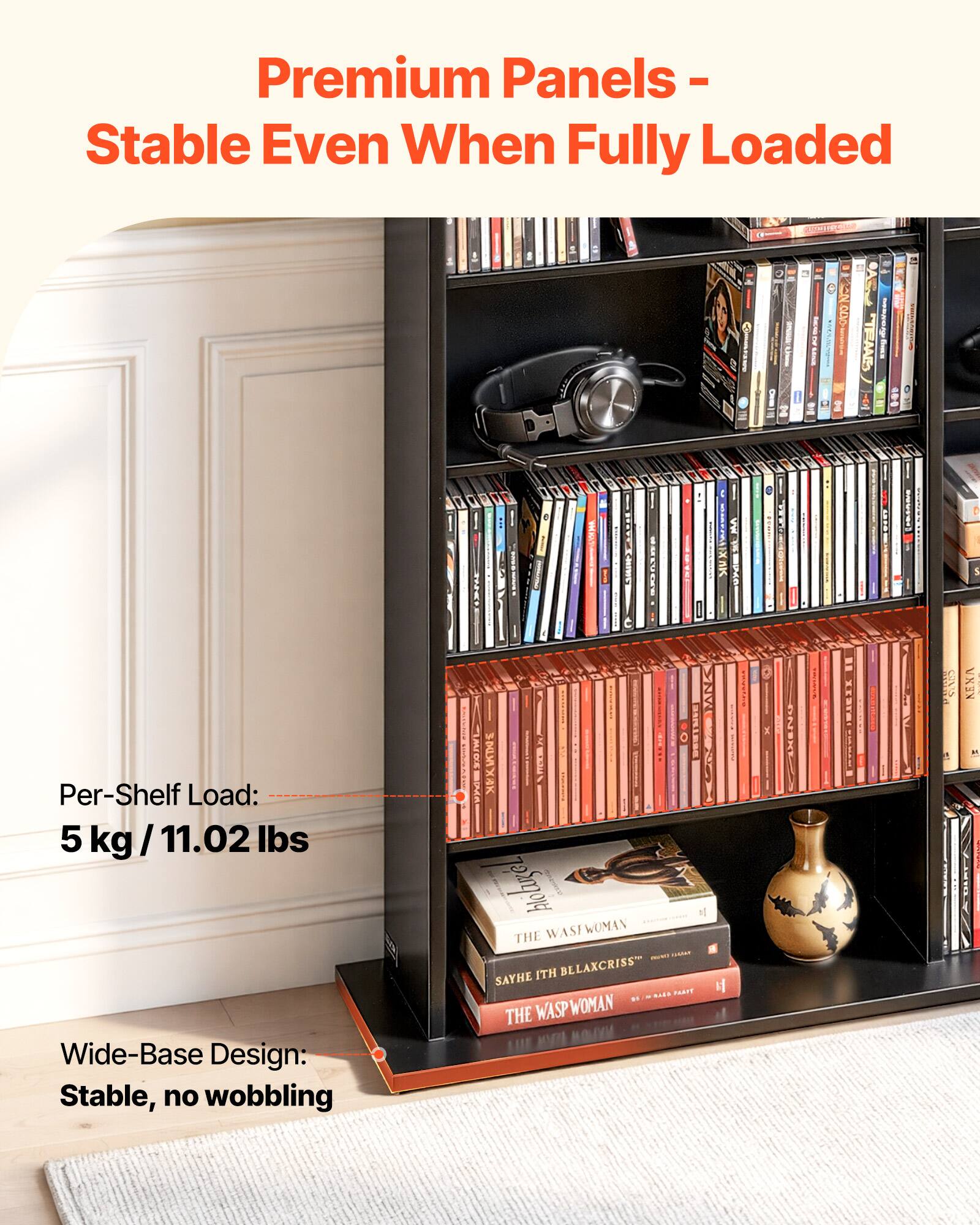 Premium Panels - Stable Even When Fully Loaded

Per-Shelf Load: 5 kg / 11.02 lbs

Wide-Base Design: Stable, no wobbling