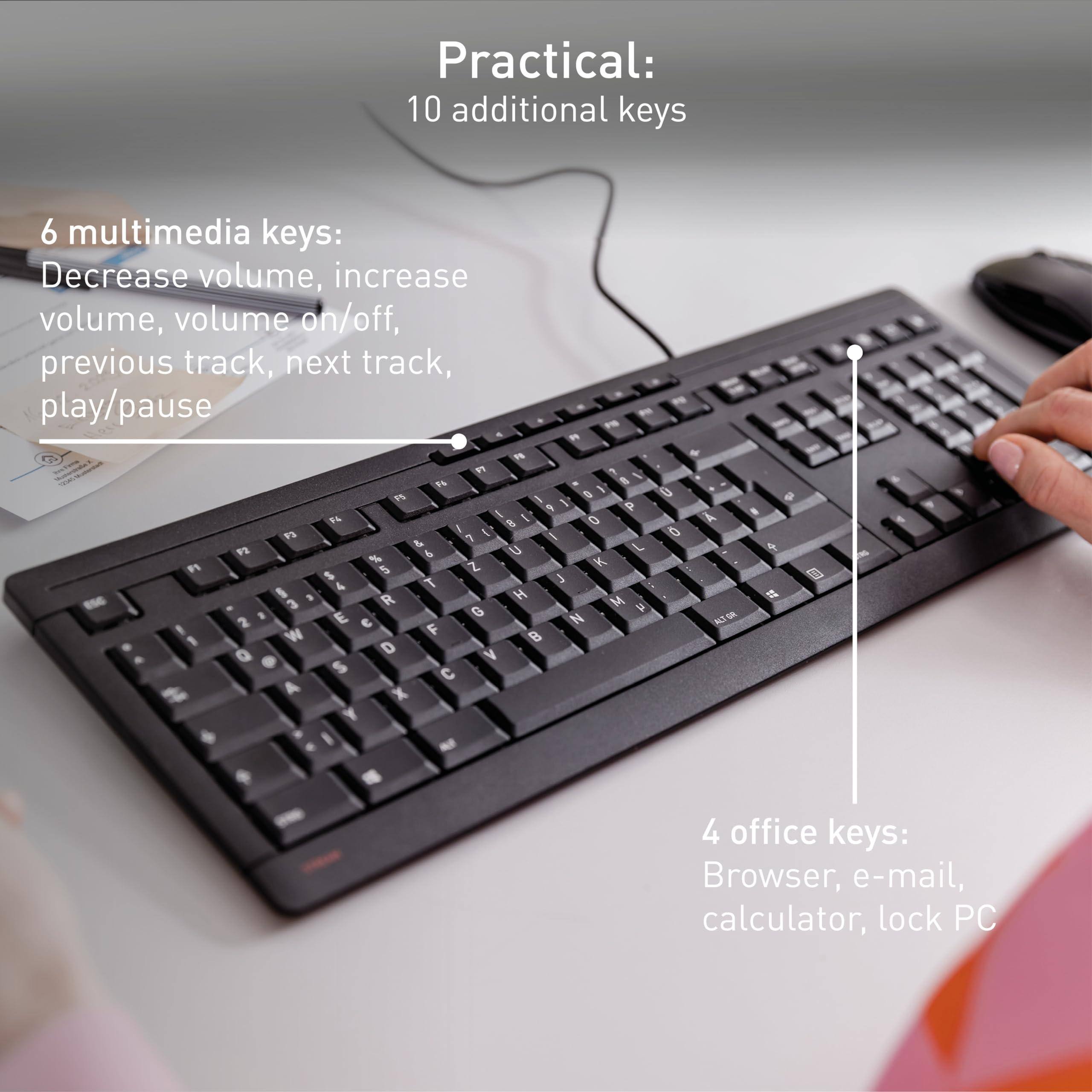 Practical:  
10 additional keys

6 multimedia keys:  
Decrease volume, increase volume, volume on/off, previous track, next track, play/pause

4 office keys:  
Browser, e-mail, calculator, lock PC