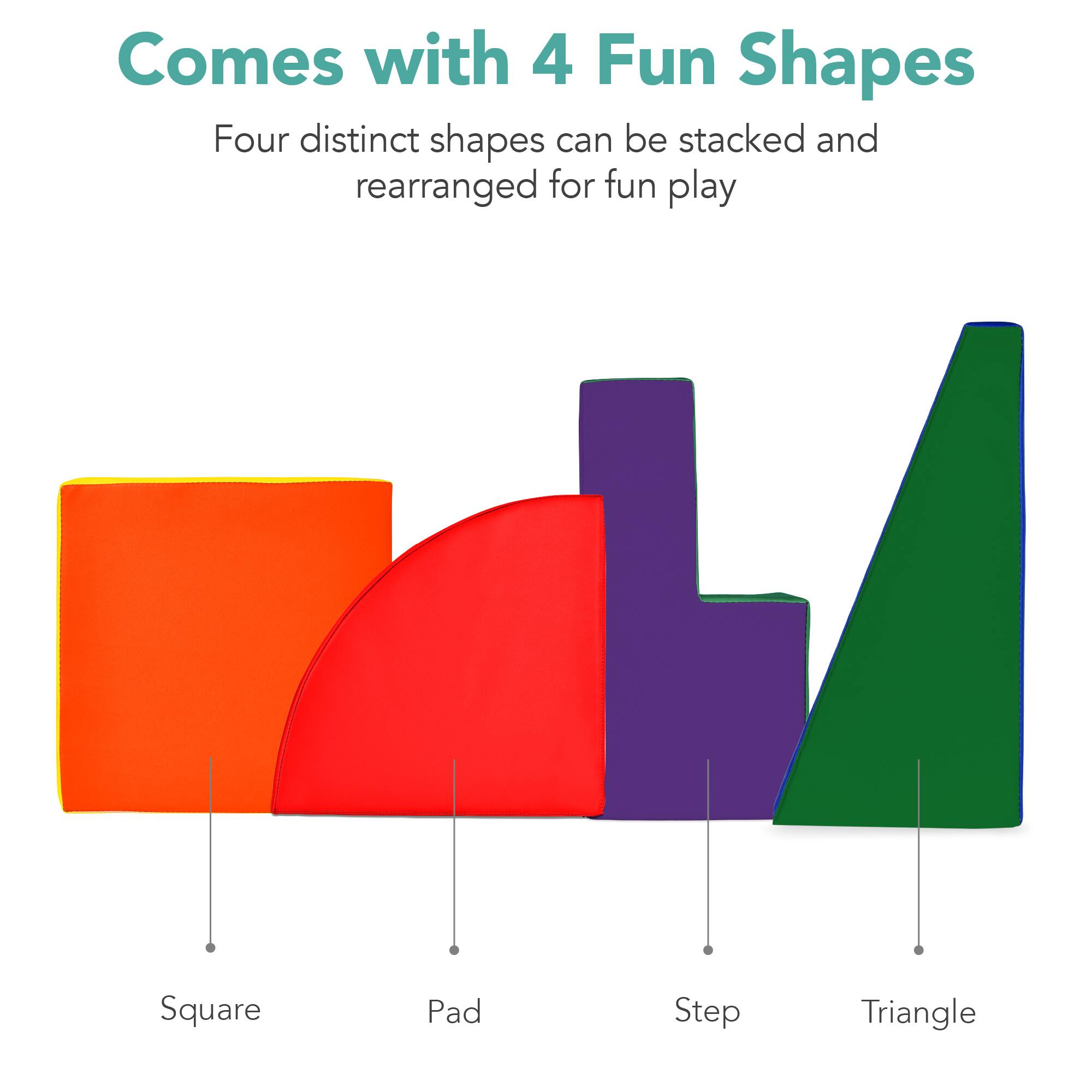 The text in the image can be grouped and corrected as follows:

**Comes with 4 Fun Shapes**

Four distinct shapes can be stacked and rearranged for fun play.

- Square
- Pad
- Step
- Triangle