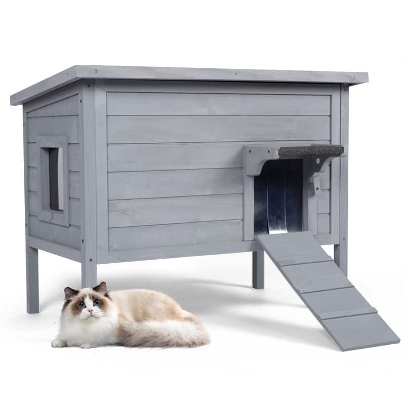Front. FODINGHILL - Insulated Outdoor Cat House for Multiple Pets, Weatherproof Wood Shelter with Foldable Ladder & Acrylic Window, Grey.