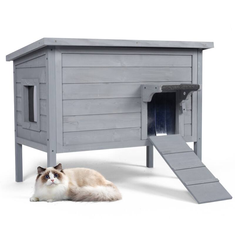 Front. FODINGHILL - Insulated Outdoor Cat House for Multiple Pets, Weatherproof Wood Shelter with Foldable Ladder & Acrylic Window, Grey.