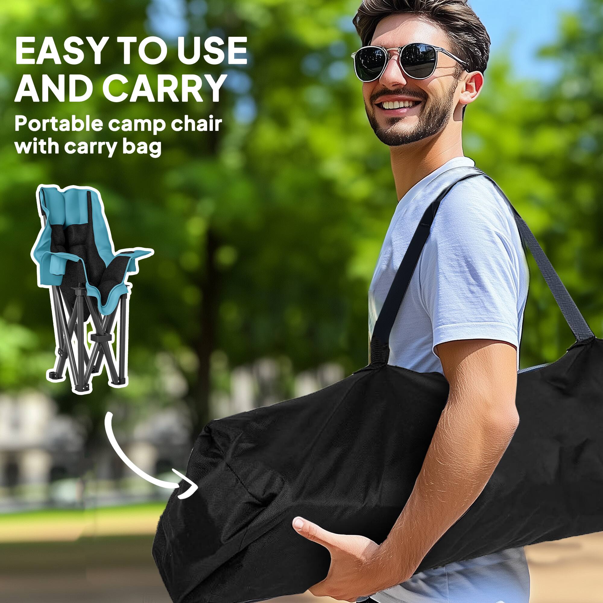 EASY TO USE AND CARRY
Portable camp chair with carry bag