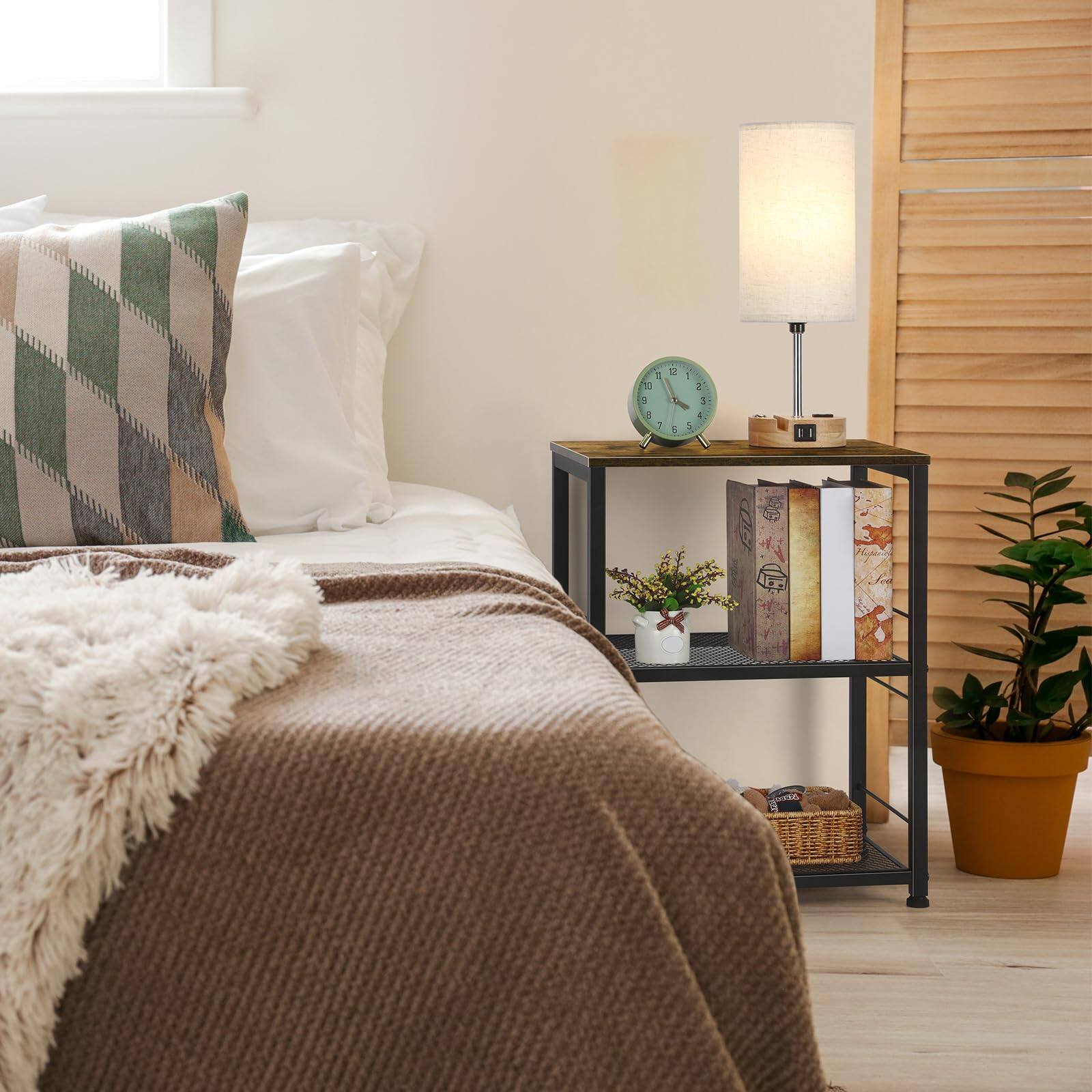 Alt View 4. PO3TICJUNKI3 - Side Table With Wheels Industrial Night Stand Storage Shelf 3 Tier Wood End Metal Frame For Space Living Ro... - Black.