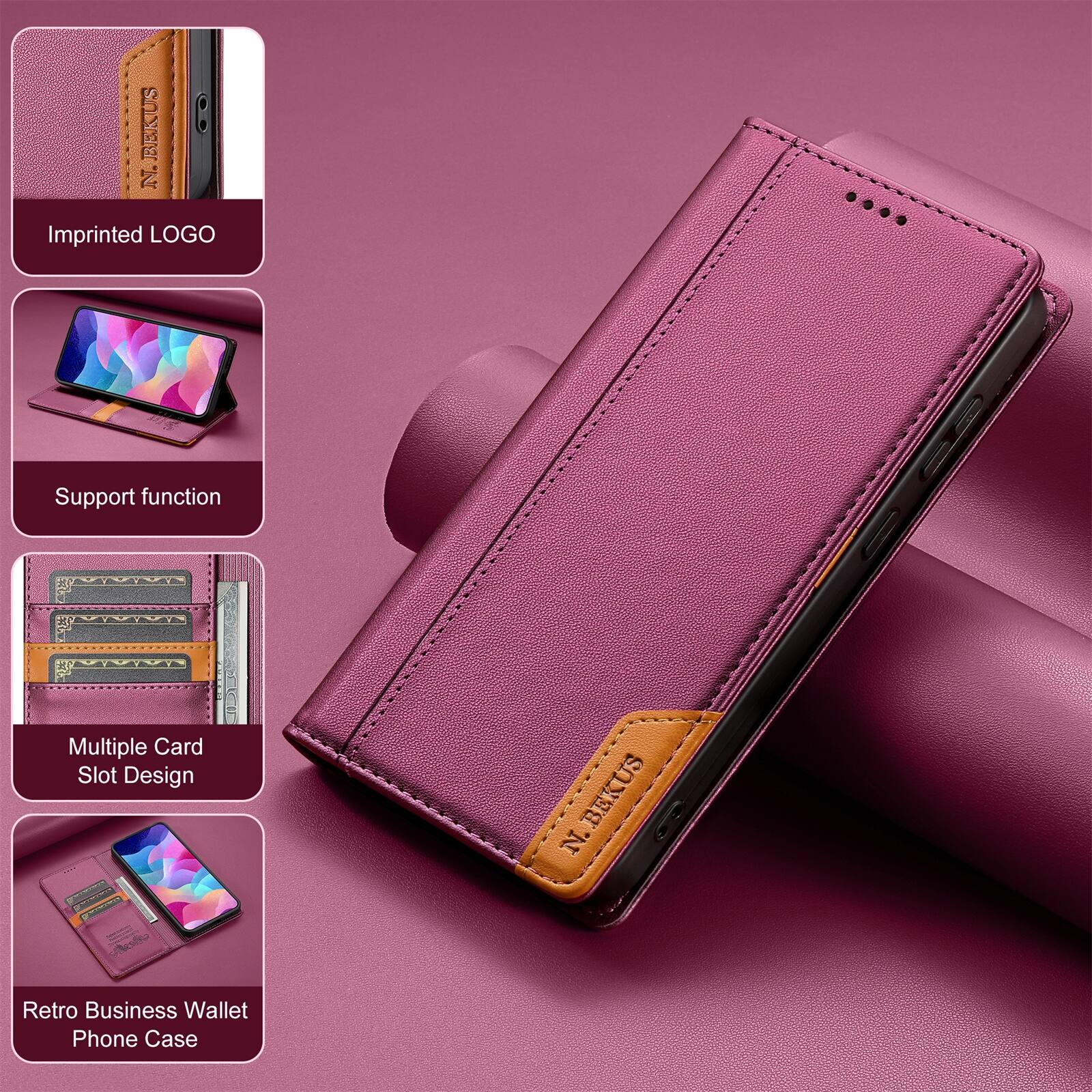 BEKUS N. Imprinted LOGO .... Support function Multiple Card Slot Design BEKUS N. Retro Business Wallet Phone Case