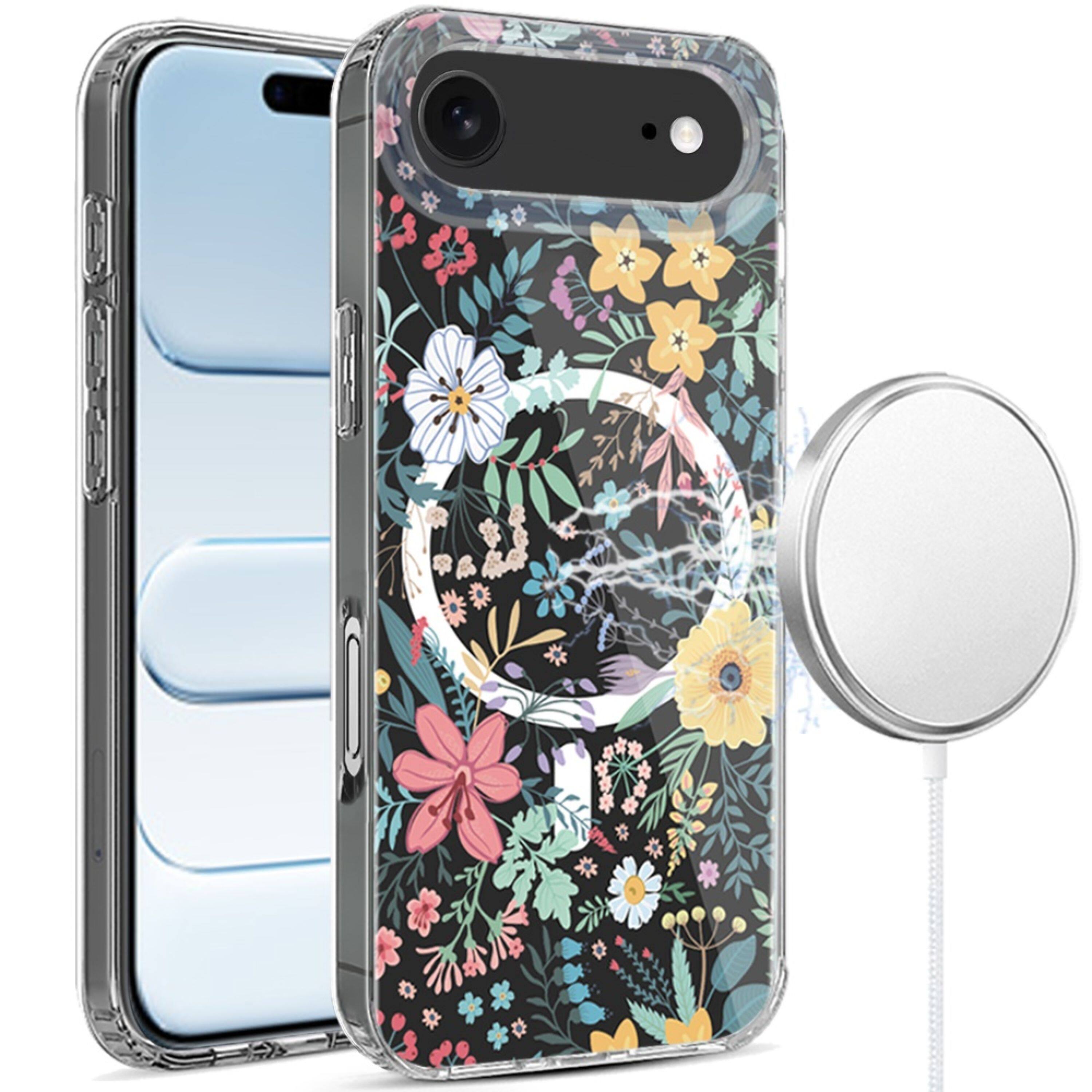 Angle. Kitcheniva - Floral Design Hybrid Phone Case With Tempered Glass For iPhone Air - Multicolor.