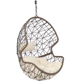 Sunnydaze - Brown Resin Wicker Basket Hanging Egg Chair with Cushions - Beige Cushions