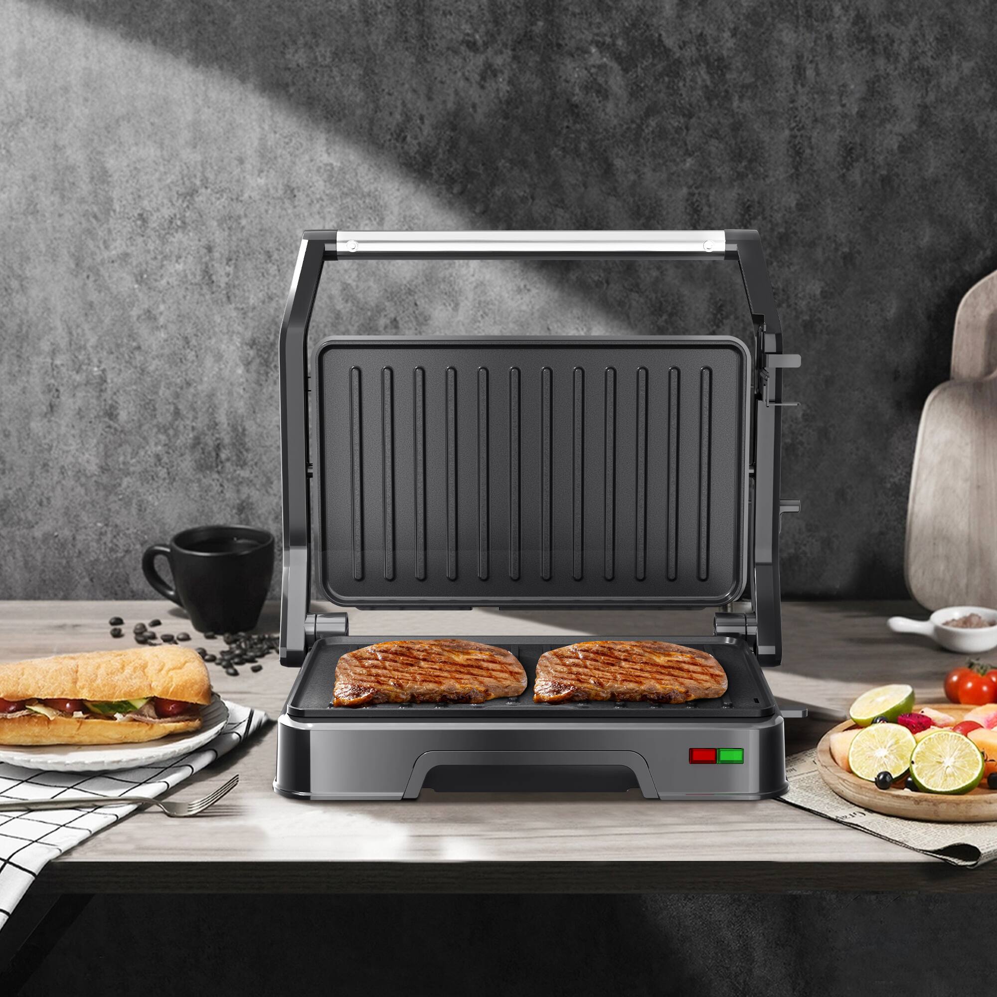 Alt View 6. KEINVE - Panini Grill Press - 2-Slice, 180° Opening, Non-Stick Aluminum Plates for Versatile Grilling, Toasting, 850W - Black.