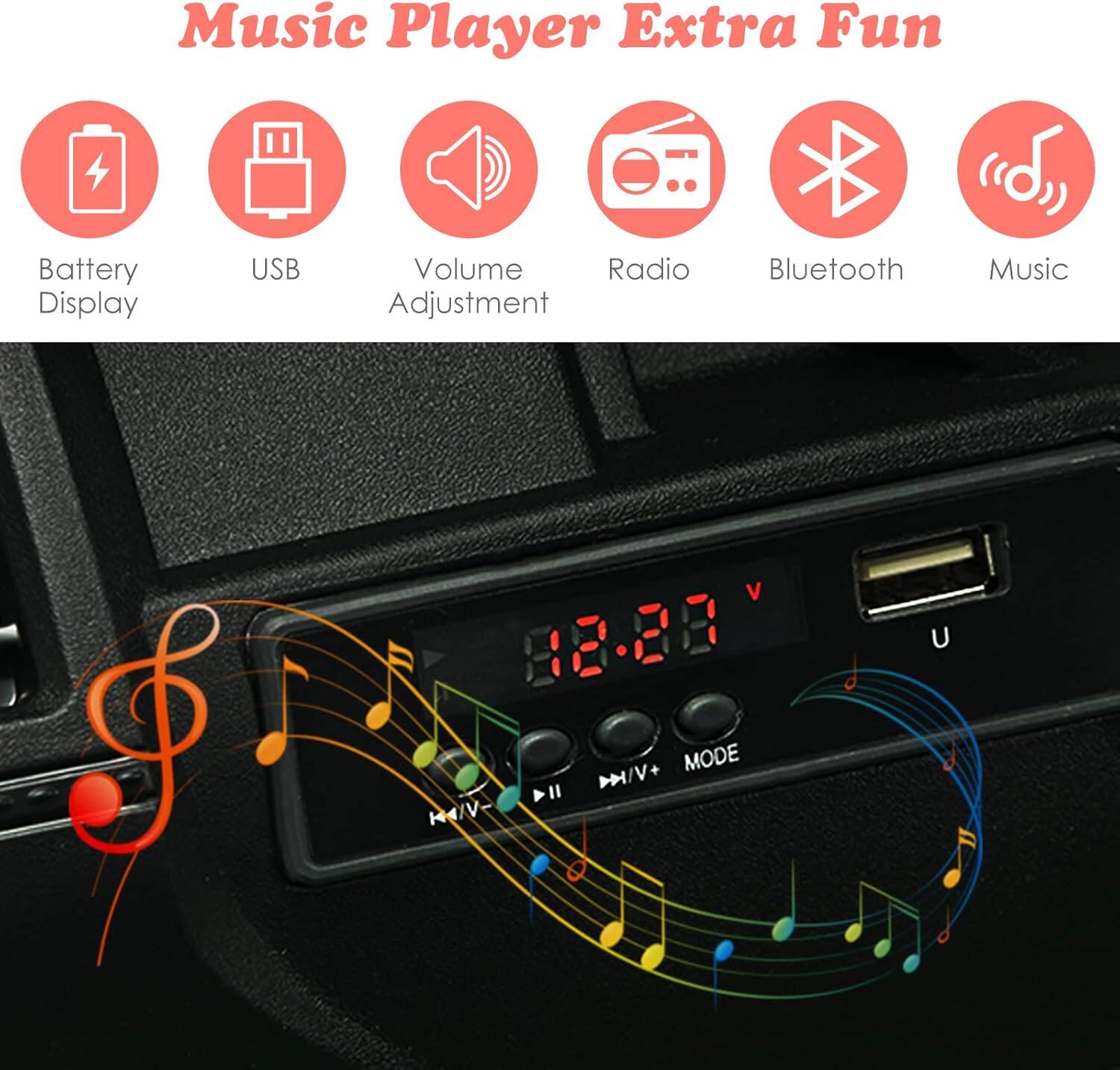 Music Player Extra Fun

- Battery Display
- USB
- Volume Adjustment
- Radio
- Bluetooth
- Music

12:28

MODE

KA/V U