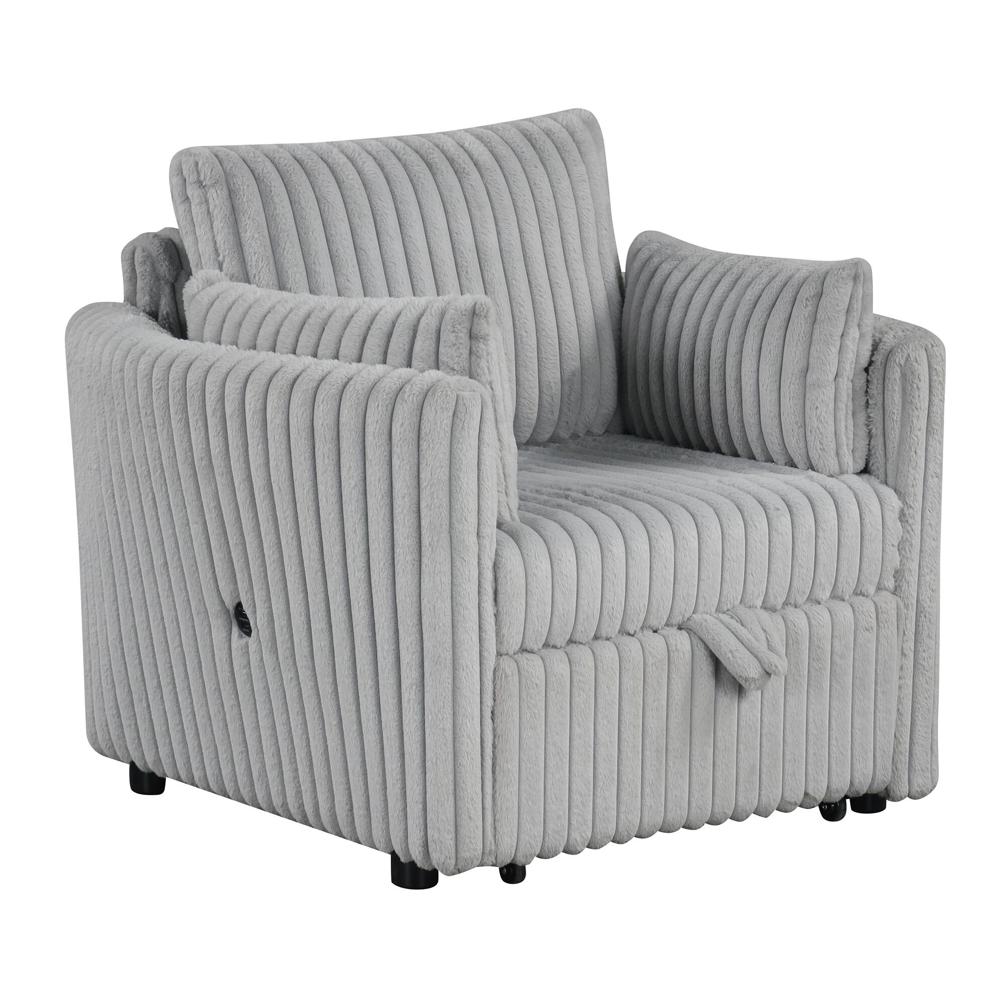 Back. Vaczon - Space-Saving Pull-Out Sleeper Chair Bed with Built-In USB Ports and Plush Pillows for Home, Dorm or Apartment - Gray.