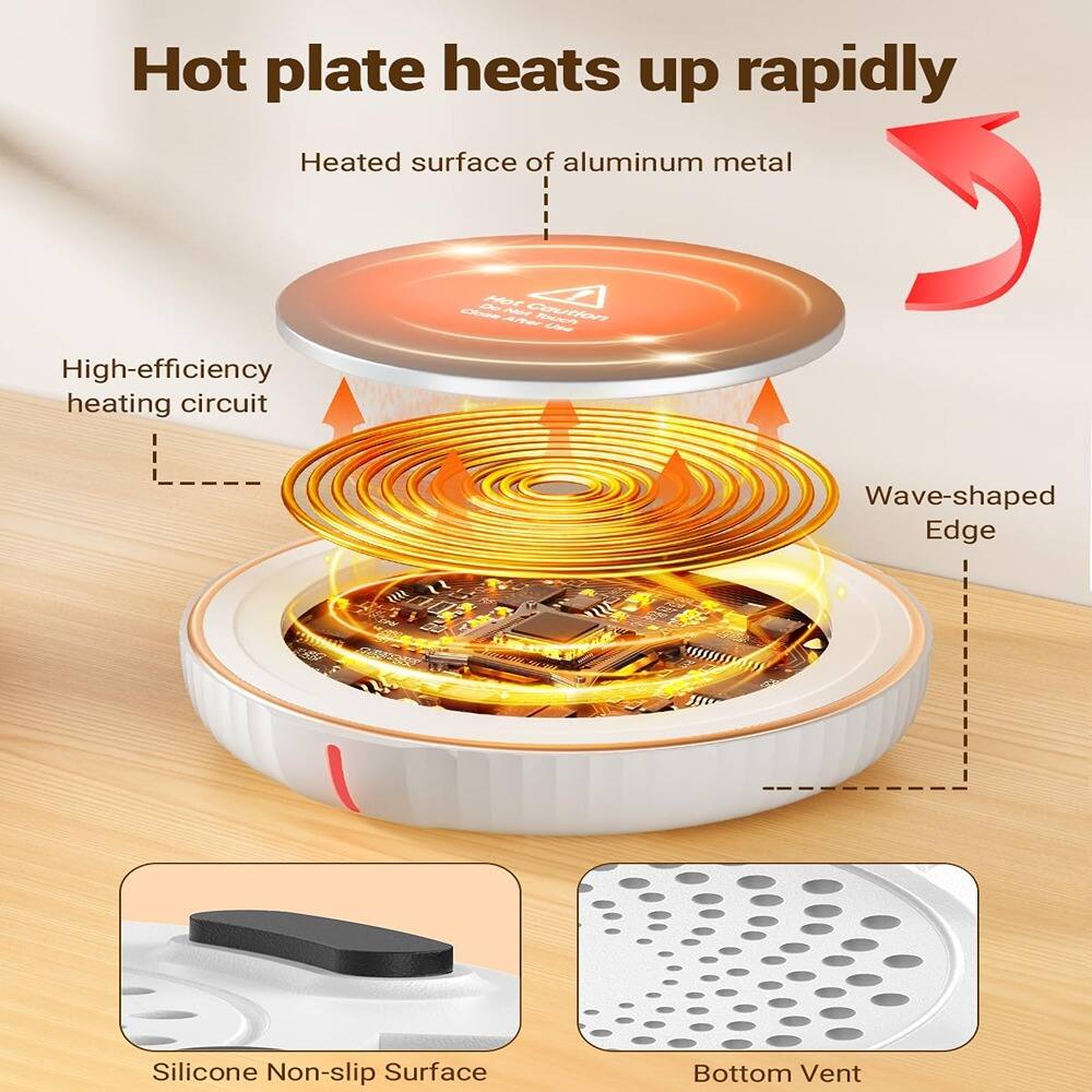 Hot plate heats up rapidly

- Heated surface of aluminum metal
- High-efficiency heating circuit
- Wave-shaped Edge
- Silicone Non-slip Surface
- Bottom Vent