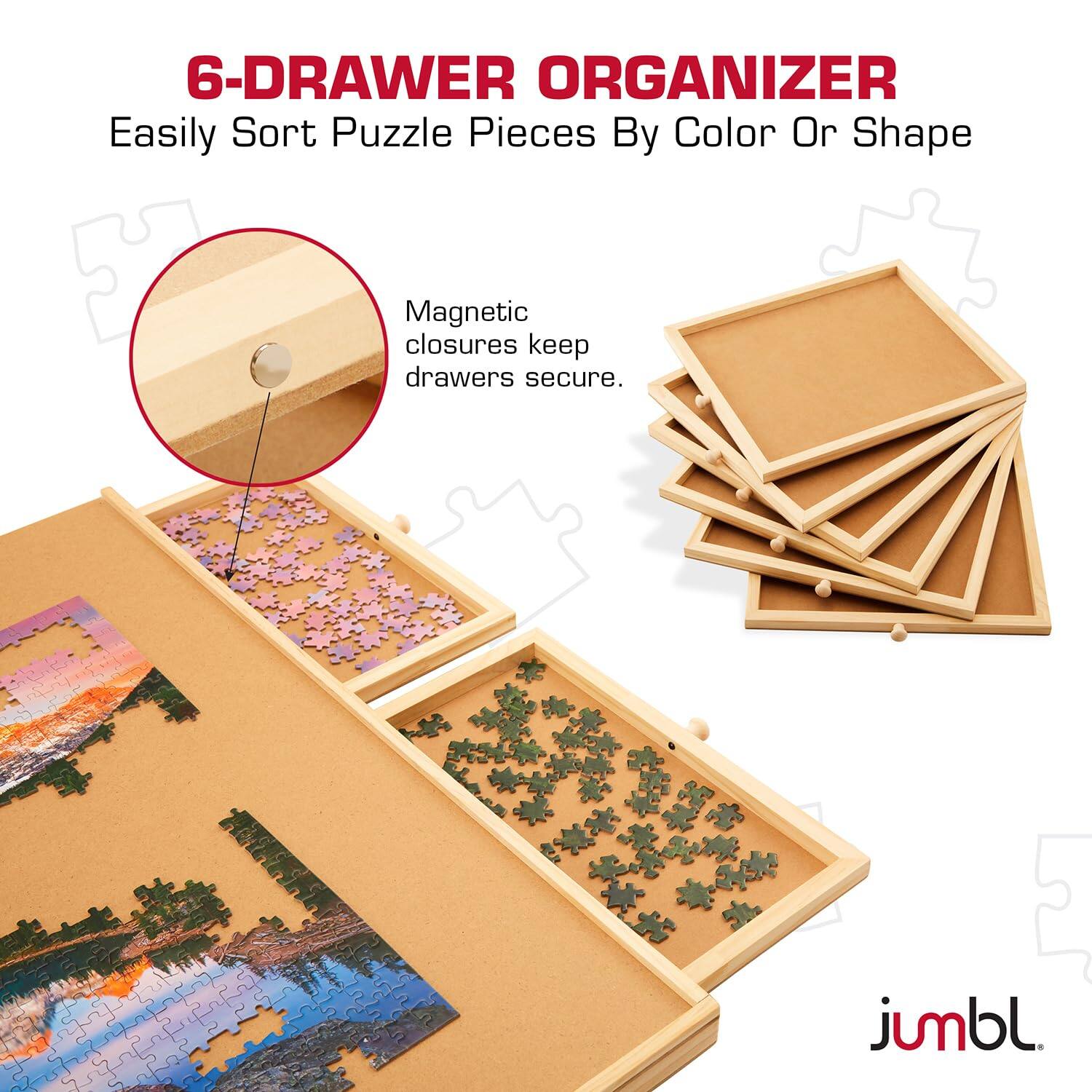 6-Drawer Organizer  
Easily Sort Puzzle Pieces By Color Or Shape  

Magnetic closures keep drawers secure.  

jumbl.