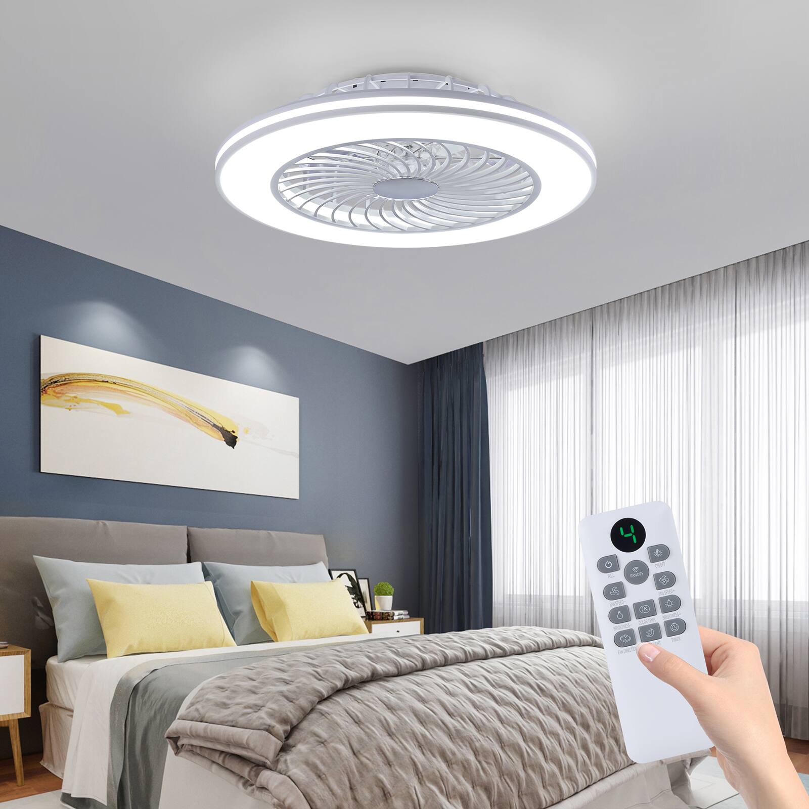 Domanki - 24" Ceiling Fans with Lights and Remote, Low Profile Ceiling Fan with 6 Wind Speed and 3 Colors Light - White