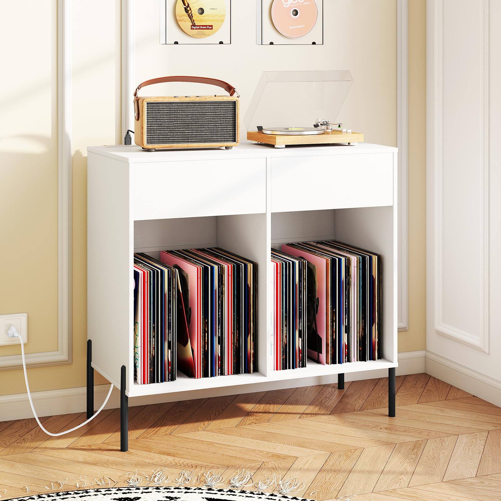 Alt View 1. Ecooso - Double-Wide Turntable Stand with Power Outlets, Vinyl Record Storage Table, Record Player Stand - White.