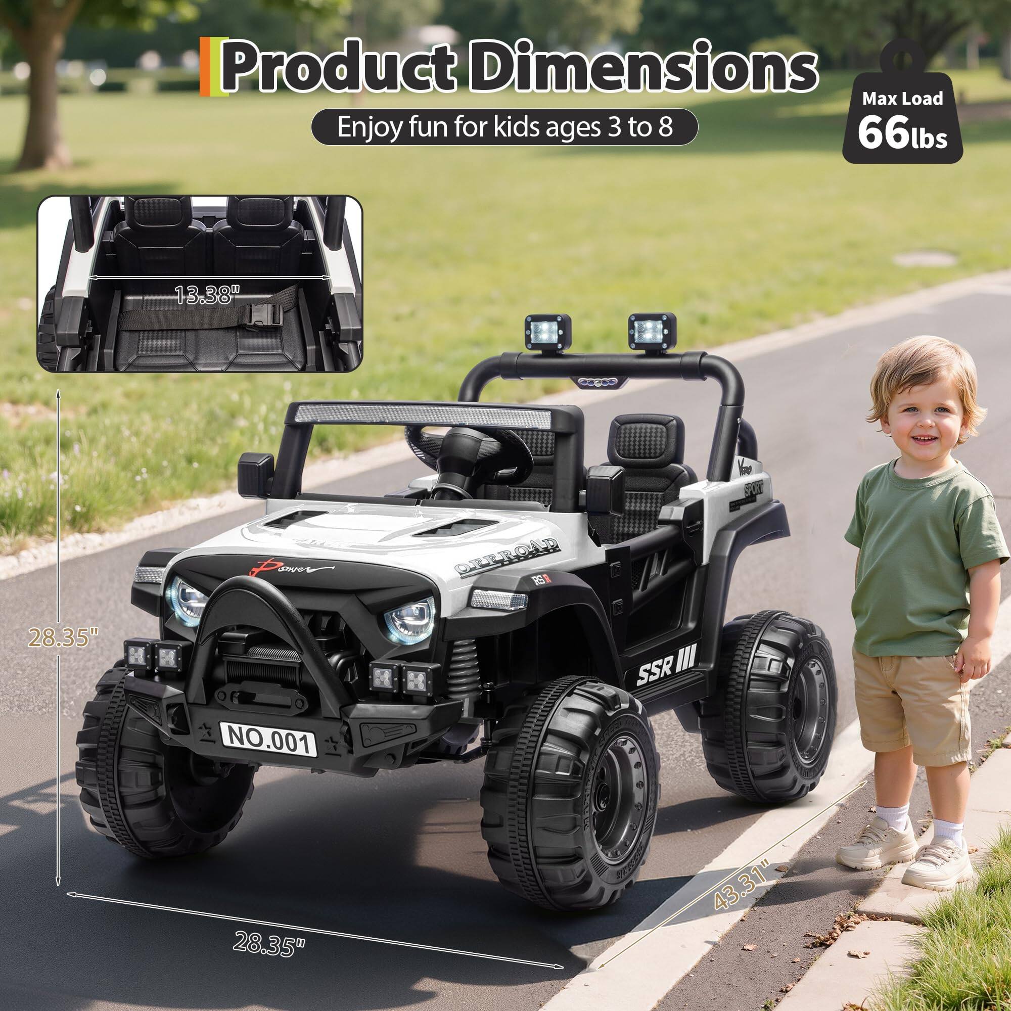 Product Dimensions  
Enjoy fun for kids ages 3 to 8  
Max Load 66lbs  

13.38"  
28.35"  
28.35"  
43.31"