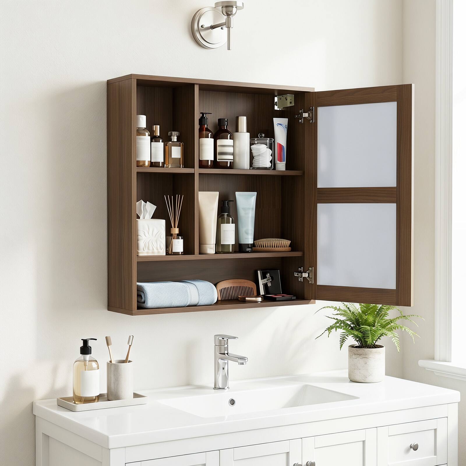 Alt View 4. Costway - Costway Bathroom Mirror Cabinet with 2 Hidden Storage Shelves, 3 Open Storage Compartments - Walnut.
