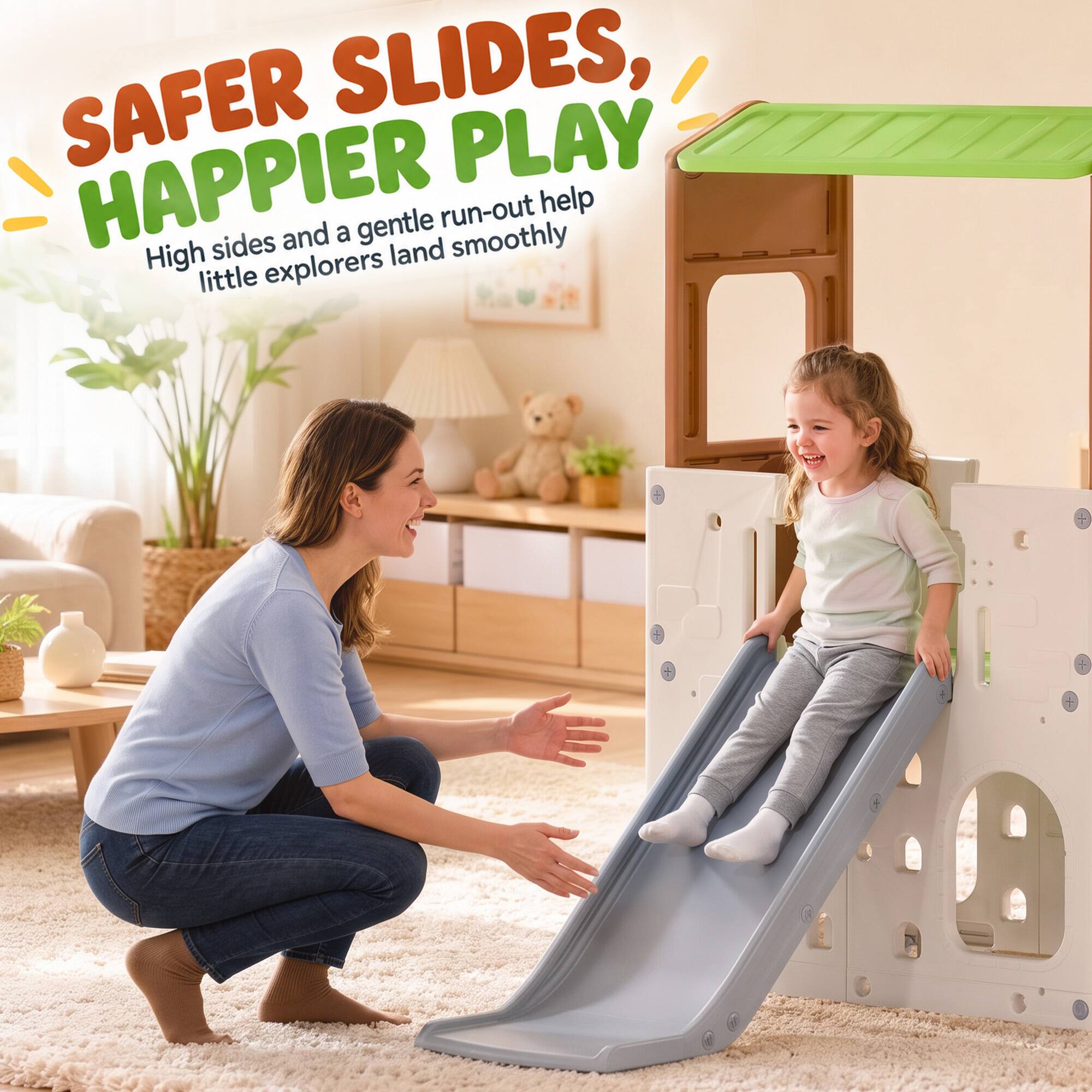 SAFER SLIDES, HAPPIER PLAY  
High sides and a gentle run-out help little explorers land smoothly