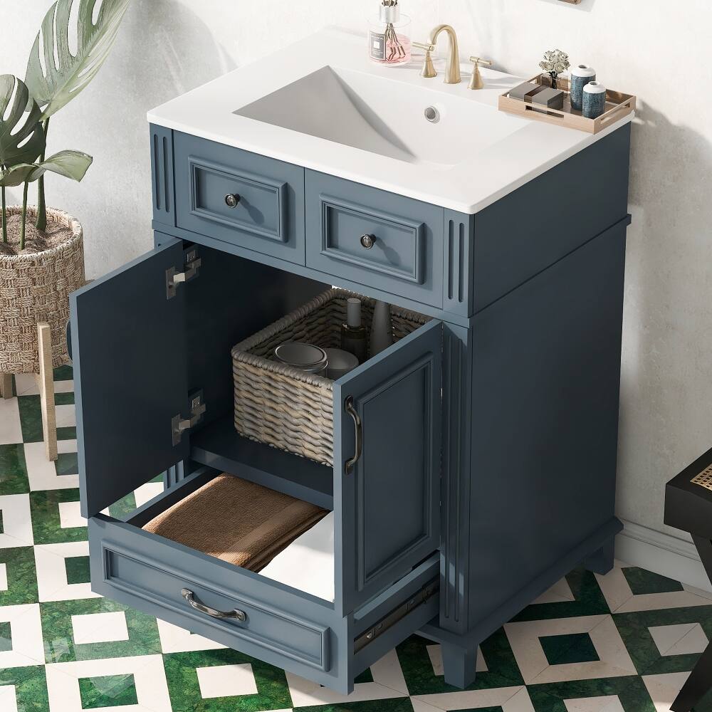 Back. Loheer - Loheer 24 inch Bathroom Vanity with Sink, Blue Solid Wood Frame Freestanding Cabinet - Blue.