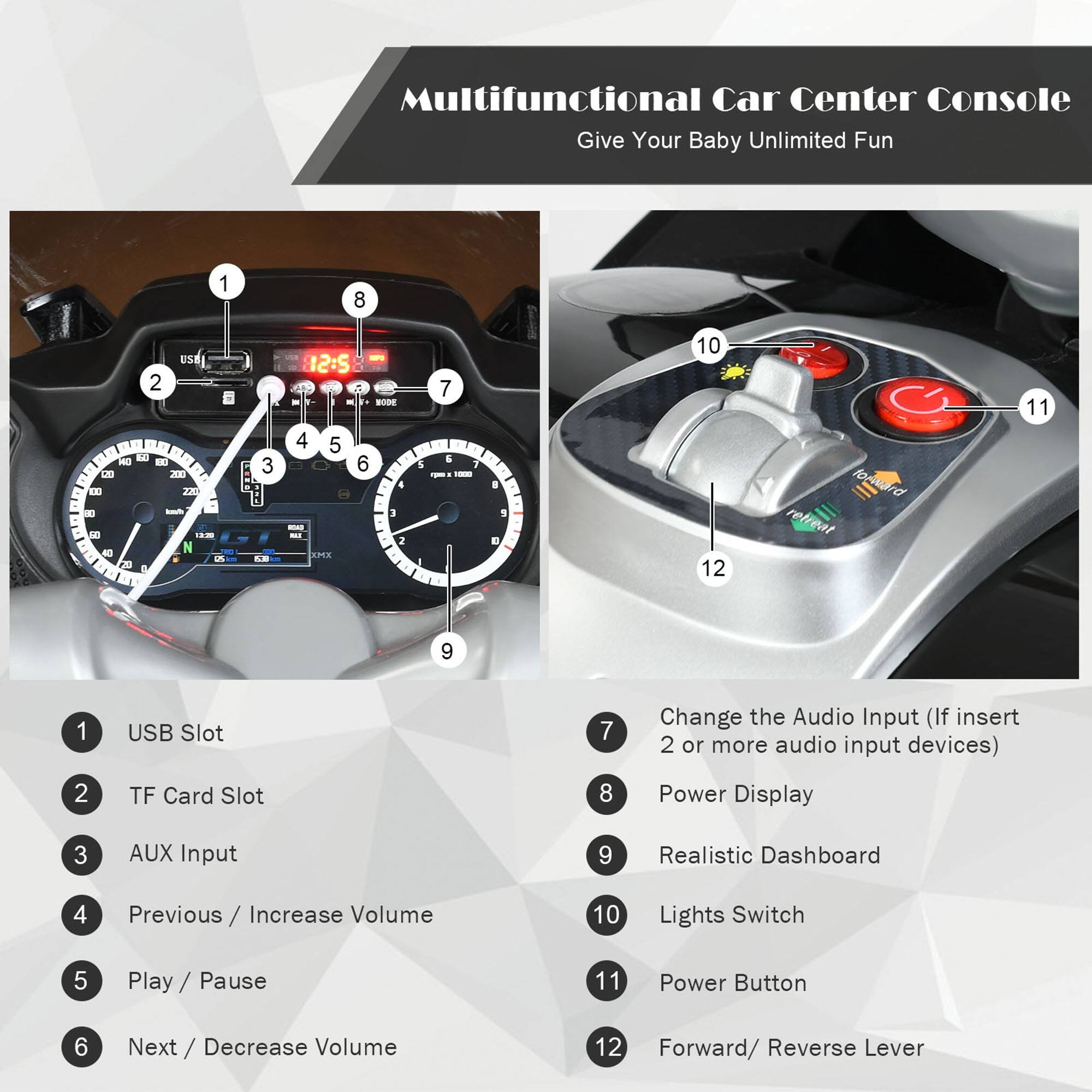 Multifunctional Car Center Console  
Give Your Baby Unlimited Fun  

1. USB Slot  
2. TF Card Slot  
3. AUX Input  
4. Previous / Increase Volume  
5. Play / Pause  
6. Next / Decrease Volume  
7. Change the Audio Input (If insert 2 or more audio input devices)  
8. Power Display  
9. Realistic Dashboard  
10. Lights Switch  
11. Power Button  
12. Forward/ Reverse Lever