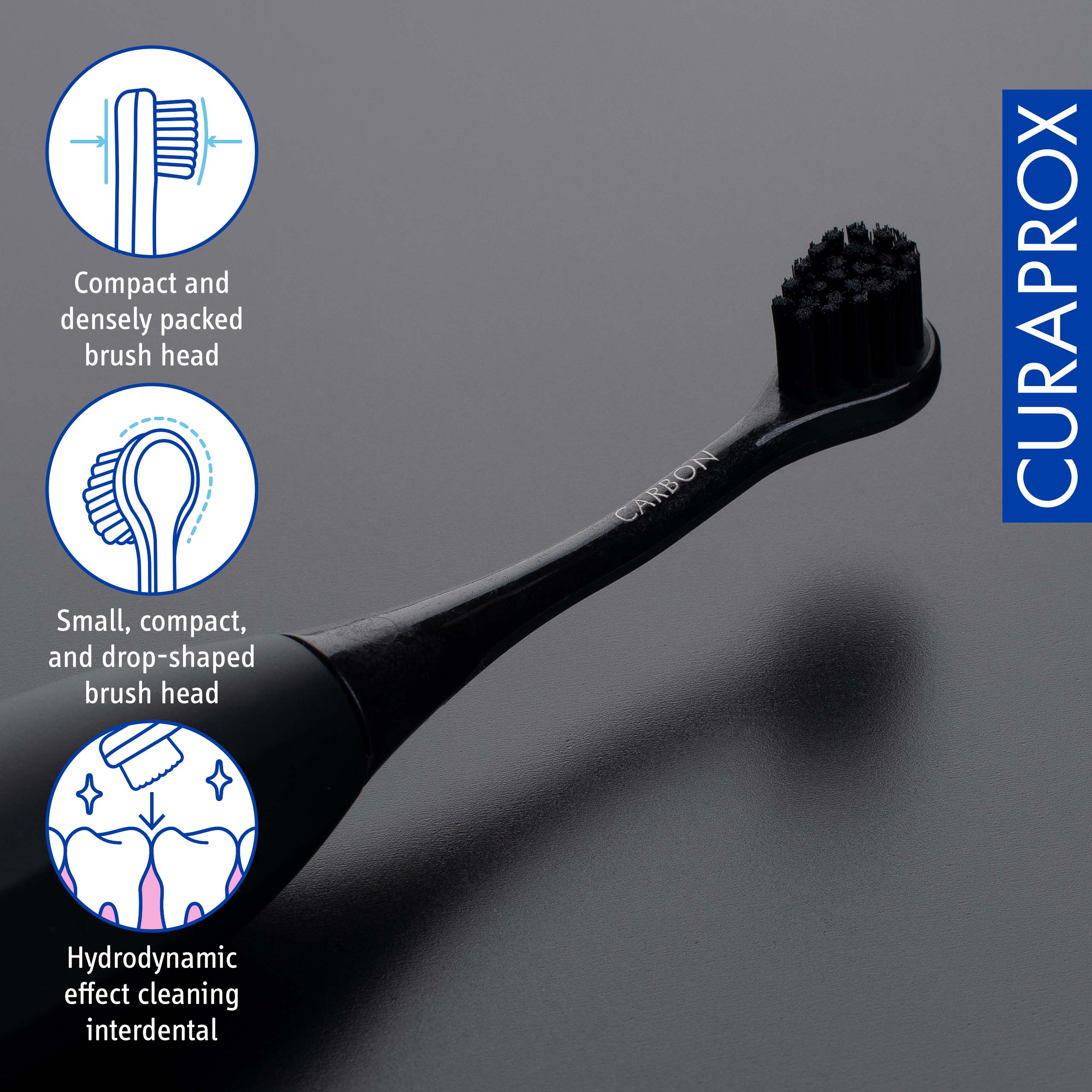 Compact and densely packed brush head, Small, compact, and drop-shaped brush head, Hydrodynamic effect cleaning interdental, CARBON CURAPROX