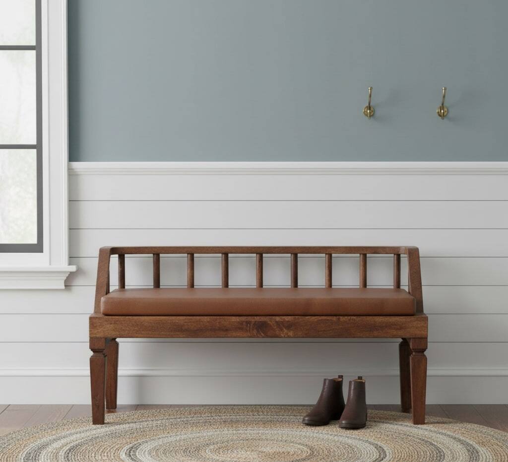 Alt View 6. Artisan Furniture - Artisan Furniture Solid Wood Bordeaux Leather Bench, Brown - Brown.