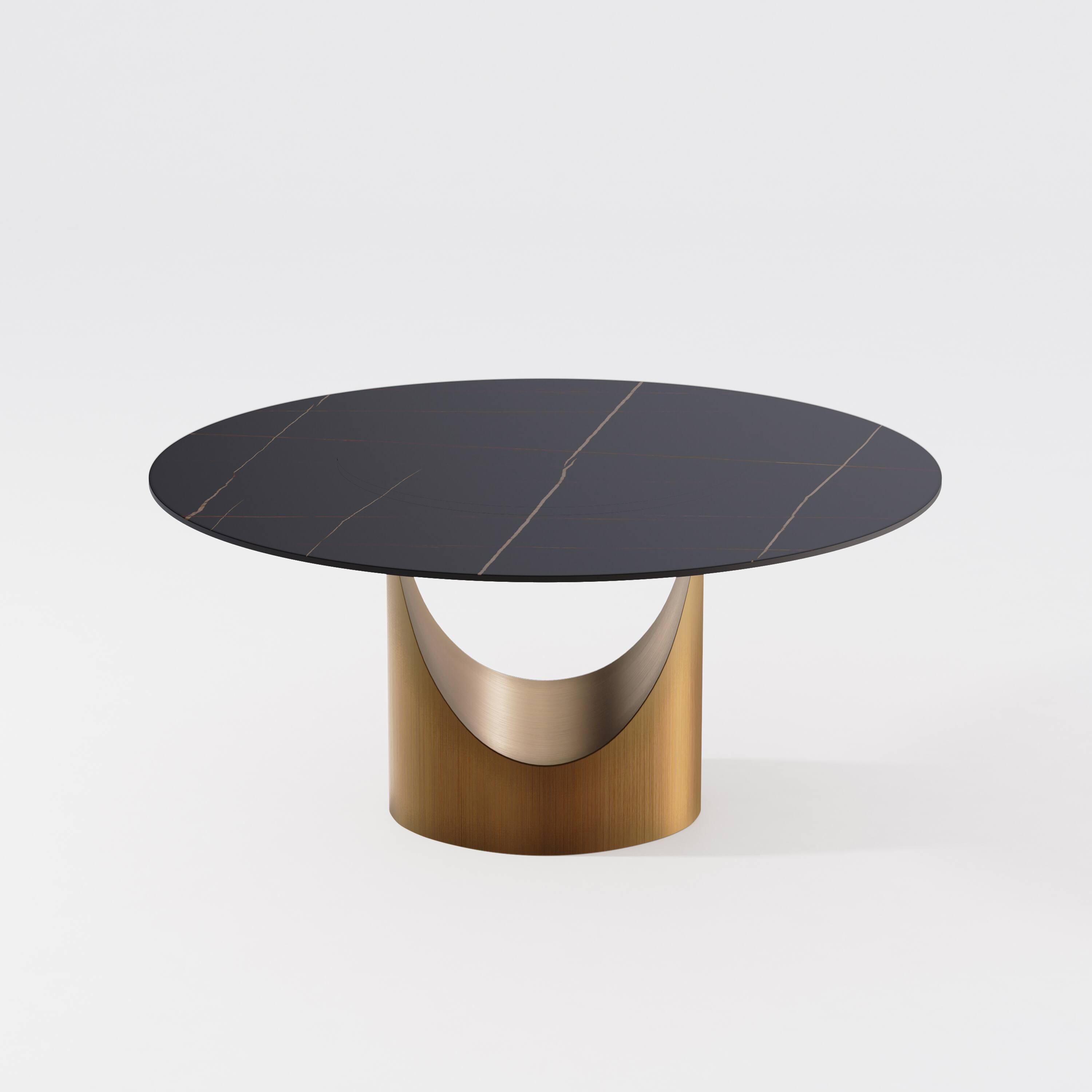 Alt View 7. POVISON - 59" Modern Round Dining Table for 6, Black Matte Sintered Stone Table with Bronze U-shaped  Steel Base - Black Matte Sintered Stone with Bronze Steel Base.