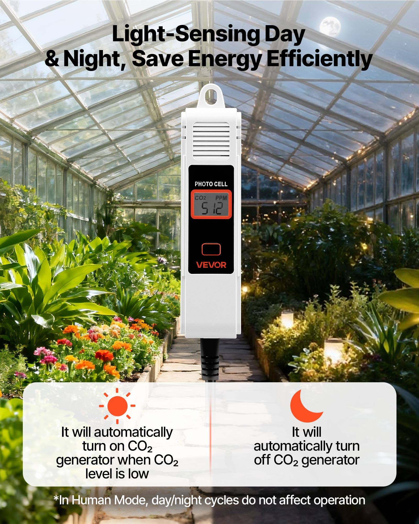 Light-Sensing Day & Night, Save Energy Efficiently

PHOTO CELL CO2 PPM 5 512 VEVOR

It will automatically turn on CO2 generator when CO2 level is low

It will automatically turn off CO2 generator

*In Human Mode, day/night cycles do not affect operation