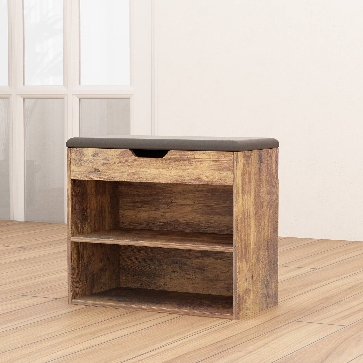 Left. Famapy - Famapy Multifunctional Shoe Rack Storage Bench - Upholstered Seat Hidden Compartment - Black & Brown.