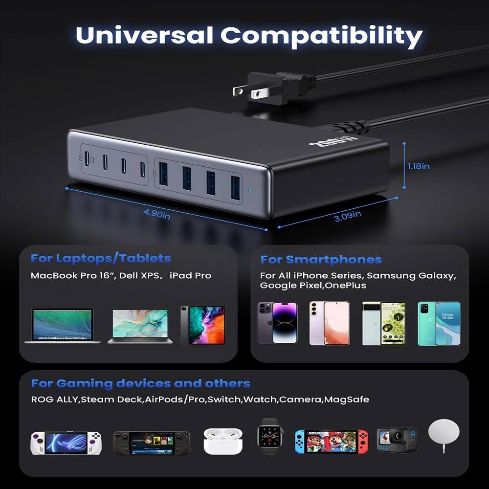 Universal Compatibility

For Laptops/Tablets  
MacBook Pro 16", Dell XPS, iPad Pro

For Smartphones  
For All iPhone Series, Samsung Galaxy, Google Pixel, OnePlus

For Gaming devices and others  
ROG ALLY, Steam Deck, AirPods/Pro, Switch, Watch, Camera, MagSafe

Dimensions:  
1.18in x 4.90in x 3.09in