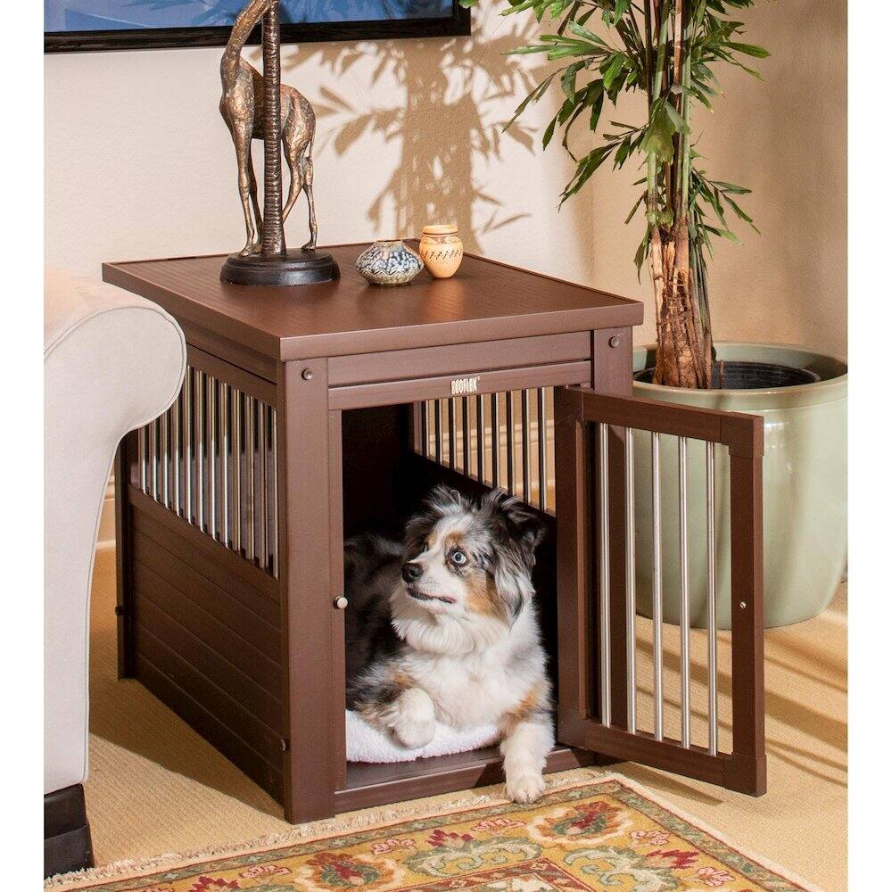 Angle. New Age Pet - ECOFLEX Dog Crate End Table - Russet Medium.