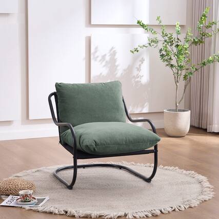 Front. FERPIT - FERPIT Modern Curved Accent Chair with Faux Linen Upholstery, Comfy Lounge Chair with Metal Frame & Cushions, Green - Green.