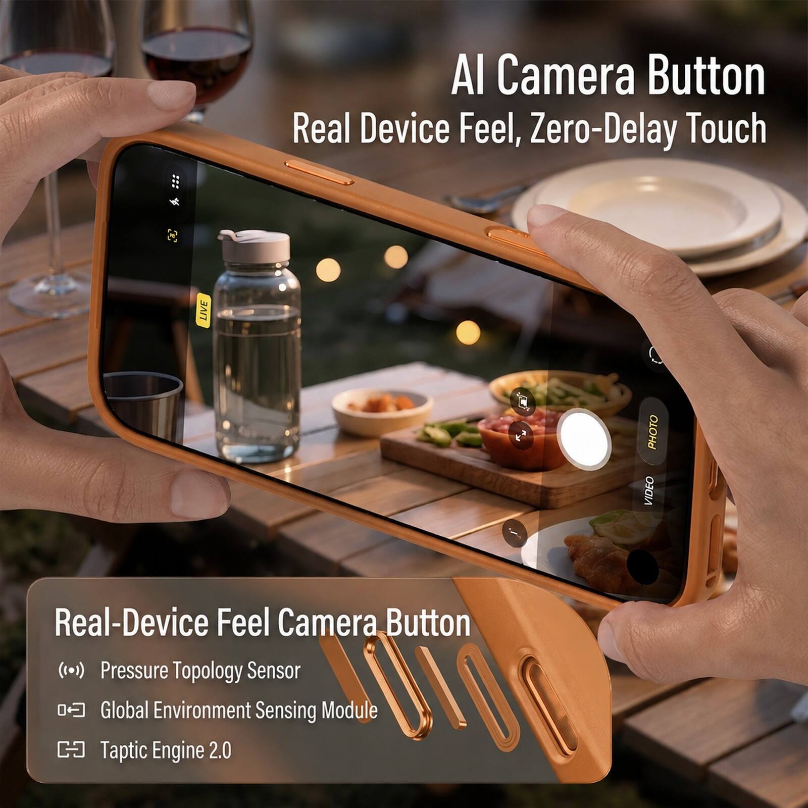AI Camera Button Real Device Feel, Zero-Delay Touch

PHOTO VIDEO

Real-Device Feel Camera Button
(()) Pressure Topology Sensor
Global Environment Sensing Module
Taptic Engine 2.0