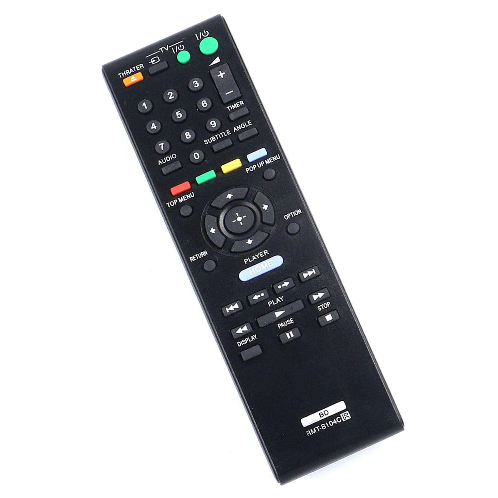 1/0 TV 1/0 THRATER + 3 2 - 1 6 TIMER 5 4 9 ANGLE 8 SUBTITLE 7 AUDIO 0 MENU POP UP MENU TOP OPTION RETURN PLAYER HOME D PLAY PAUSE DISPLAY STOP BD RMT-B104C