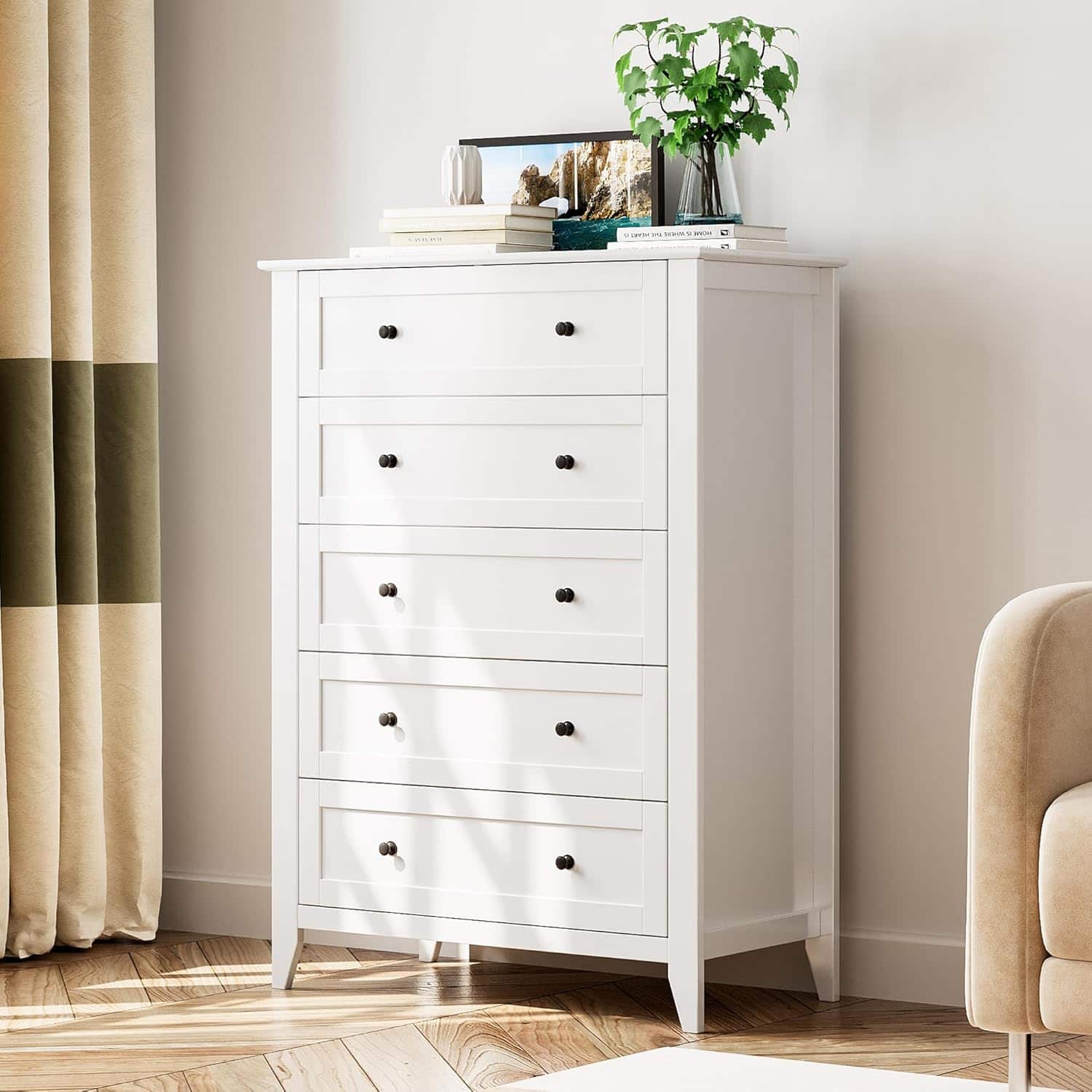 GARVEE - 5 Drawer Tall Dresser for Bedroom, Wooden Chest with Deep Drawers and Metal Knobs for Hallway or Entryway - ‎White
