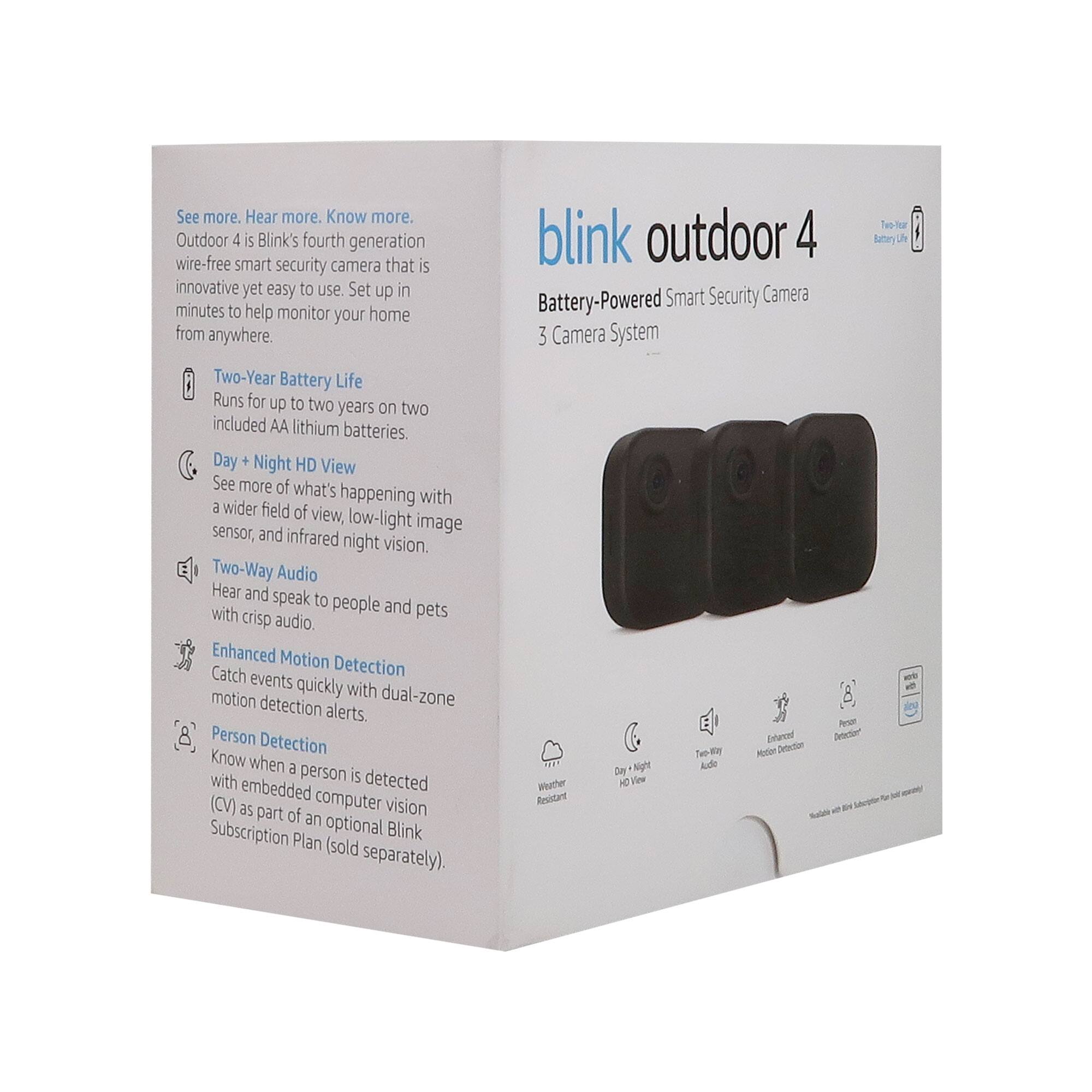 See more. Hear more. Know more.

Outdoor 4 is Blink's fourth generation wire-free smart security camera that is innovative yet easy to use. Set up in minutes to help monitor your home from anywhere.

- Two-Year Battery Life: Runs for up to two years on two included AA lithium batteries.
- Day + Night HD View: See more of what's happening with a wider field of view, low-light image sensor, and infrared night vision.
- Two-Way Audio: Hear and speak to people and pets with crisp audio.
- Enhanced Motion Detection: Catch events quickly with motion detection dual-zone alerts.
- Person Detection: Know when a person is detected with embedded computer vision (CV) as part of an optional Blink Subscription Plan (sold separately).

Blink Outdoor 4 Battery-Powered Smart Security Camera 3 Camera System