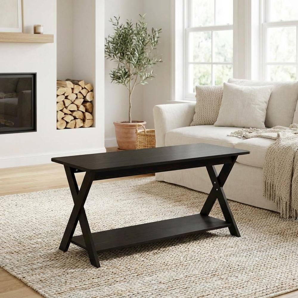 Left. FurniFact - Black Espresso Coffee Table with Storage and X-Shaped Legs - Black Espresso.